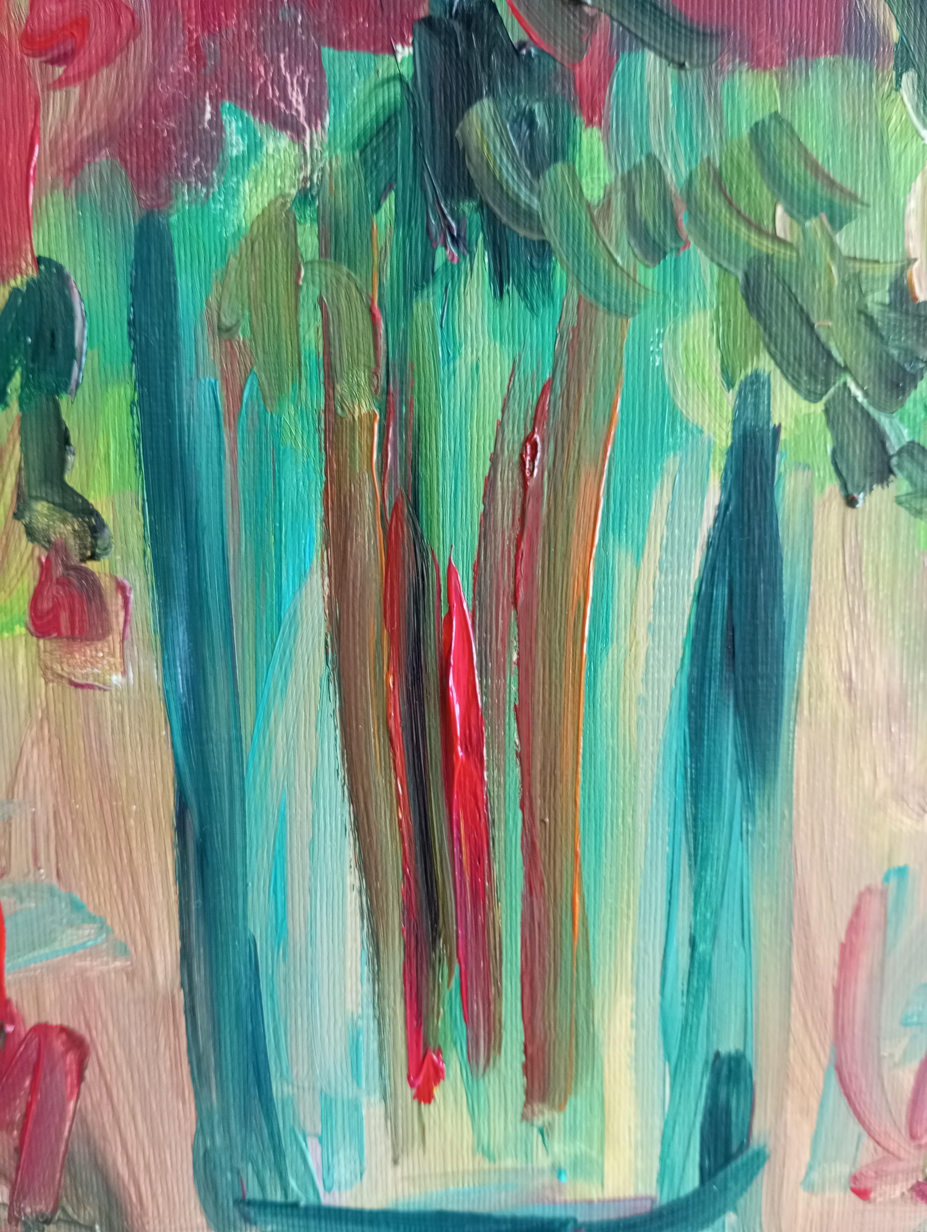 Hibisco floreciendo en un jarrón (arte floral contemporáneo al óleo) en venta 8