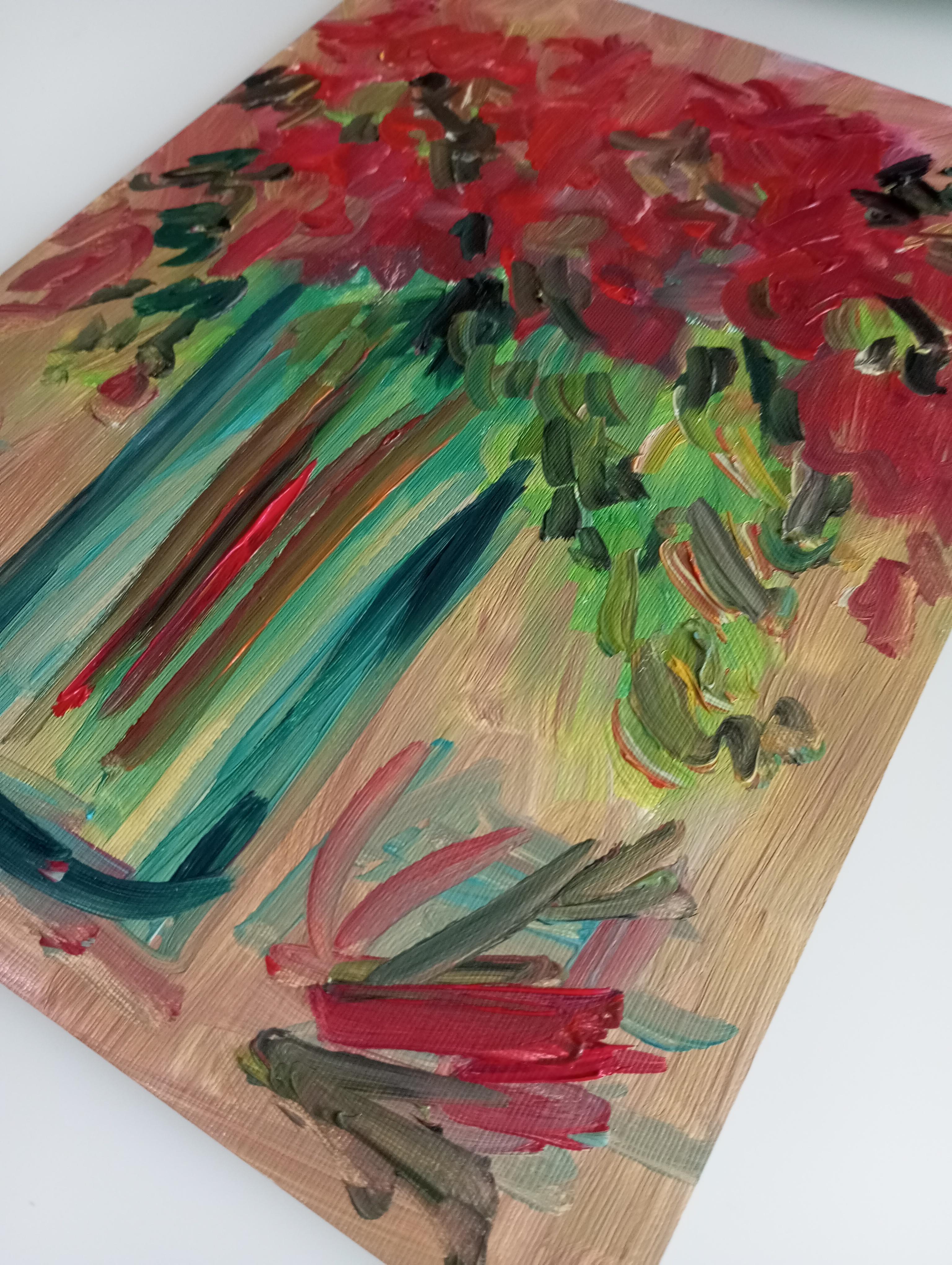 Hibisco floreciendo en un jarrón (arte floral contemporáneo al óleo) en venta 10