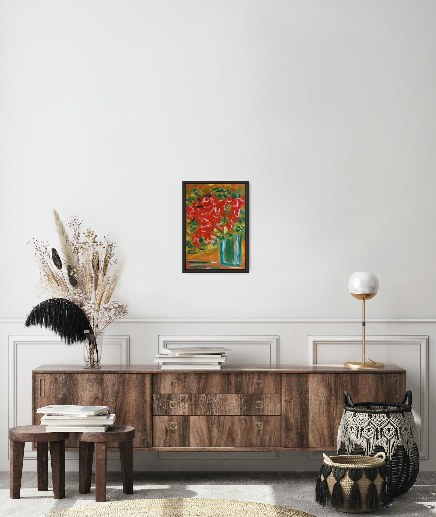 Peinture à l'huile sur papier contemporaine expressive de bouquet de fleurs Vivid - Marron Figurative Painting par Natalya Mougenot 