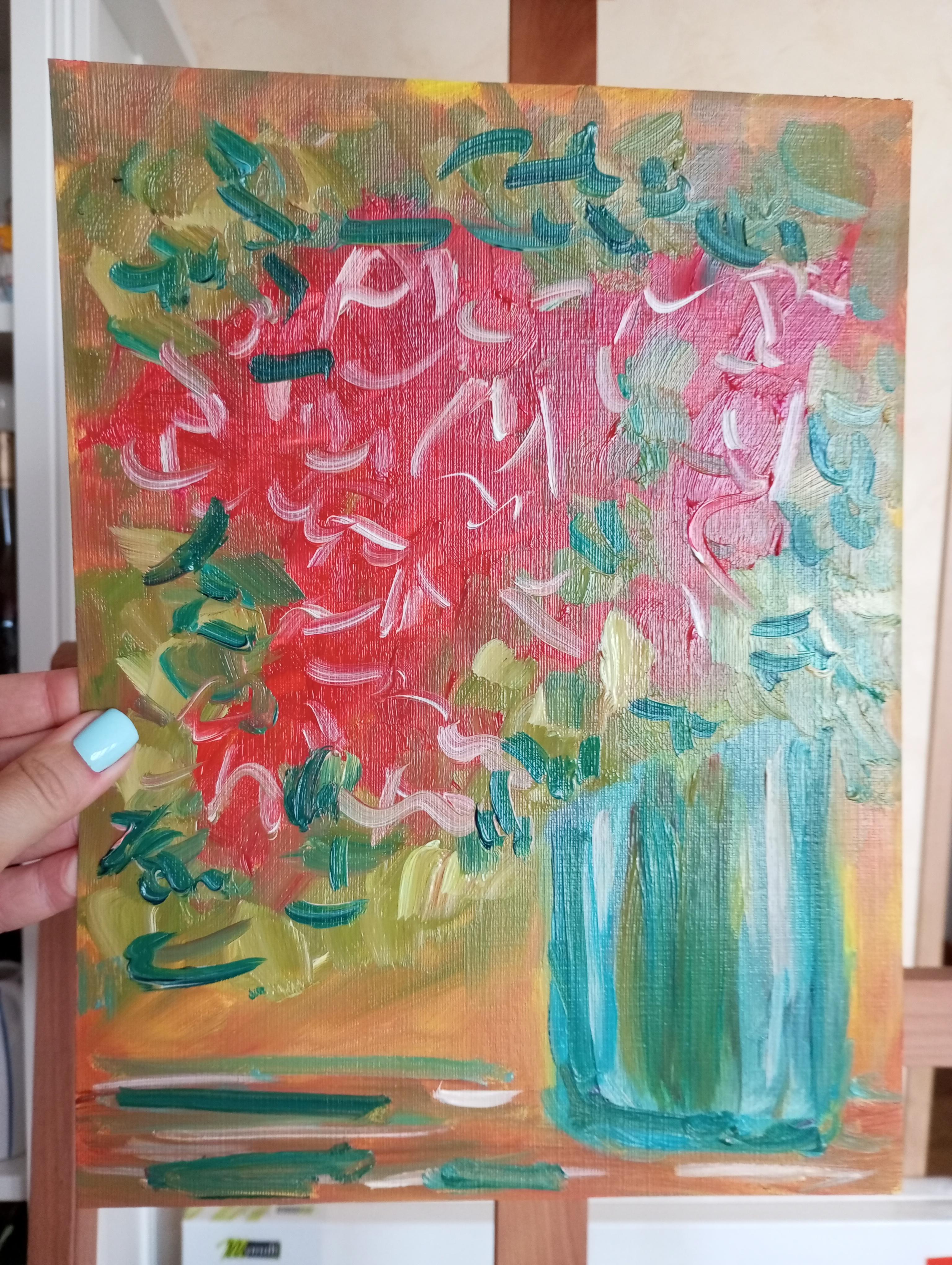 Peinture à l'huile sur papier contemporaine expressive de bouquet de fleurs Vivid en vente 5