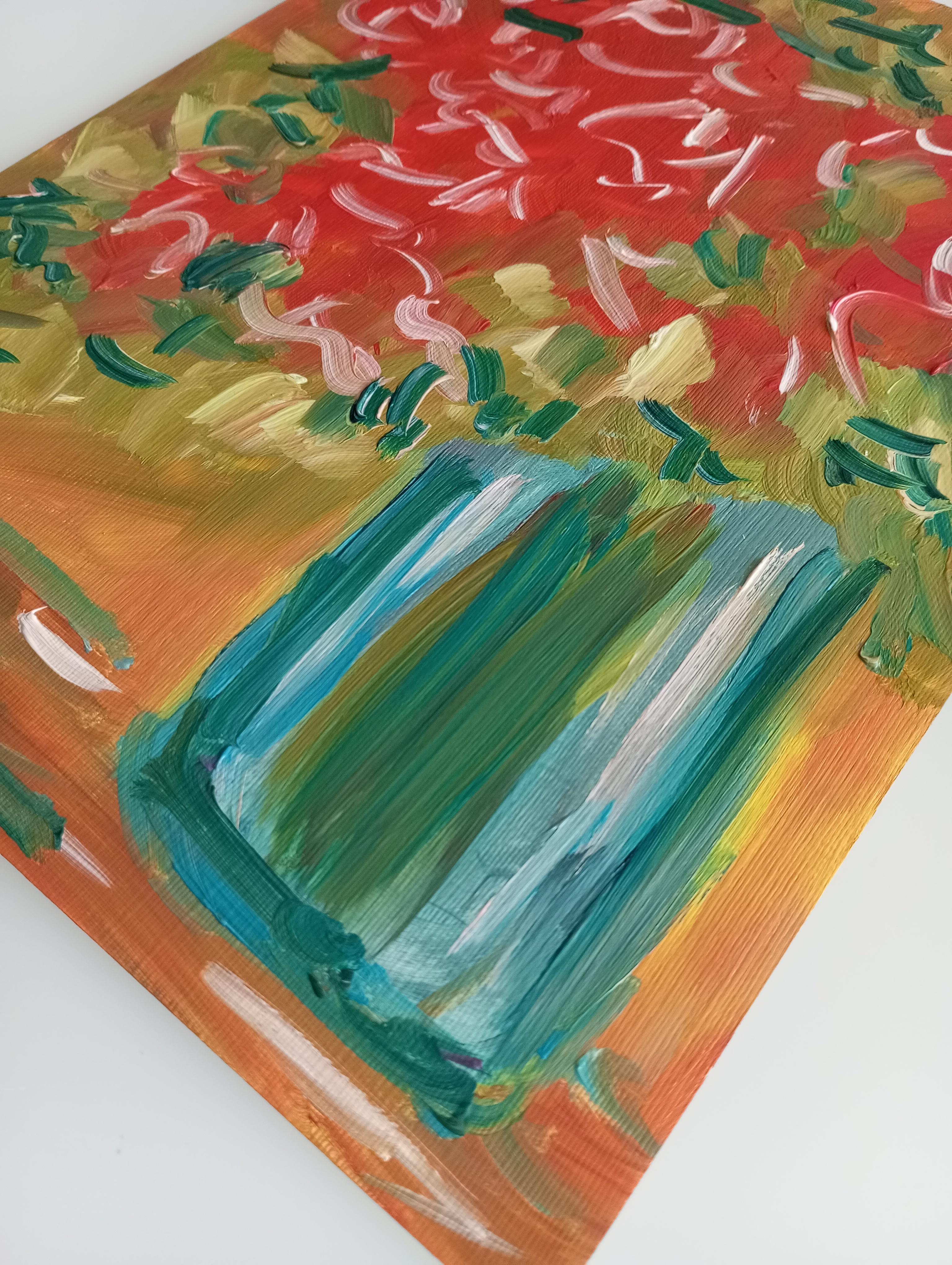 Peinture à l'huile sur papier contemporaine expressive de bouquet de fleurs Vivid en vente 9