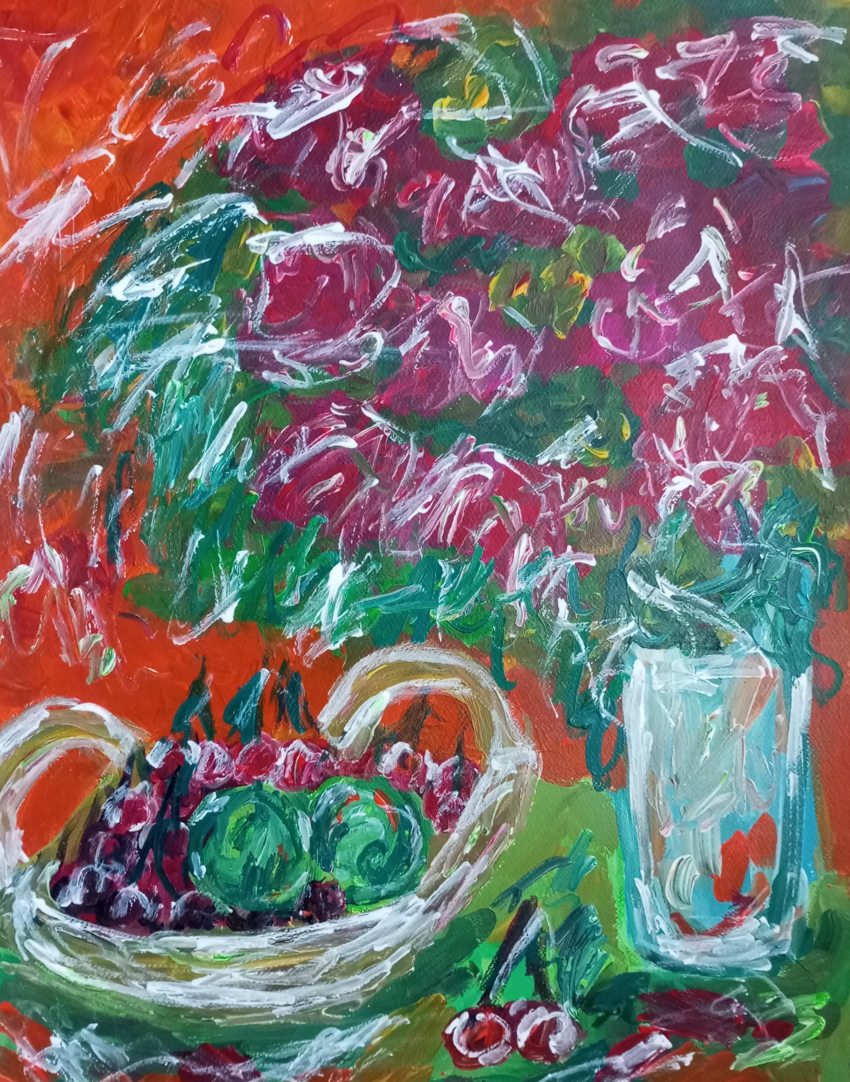 Pittura acrilica contemporanea di frutta su carta, con una natura morta espressiva e vivace