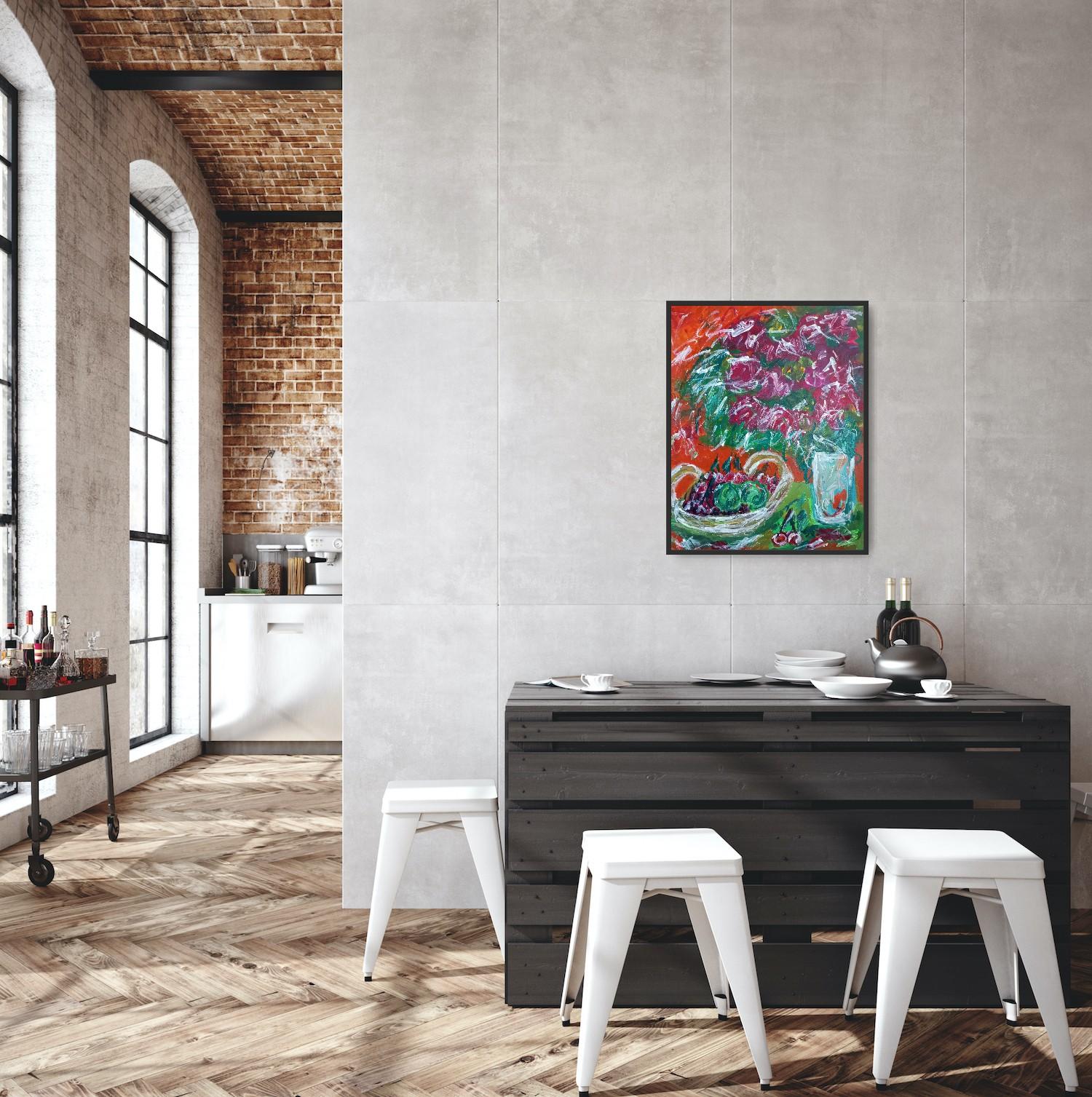 Pittura acrilica contemporanea di frutta su carta, con una natura morta espressiva e vivace - Painting di Natalya Mougenot 