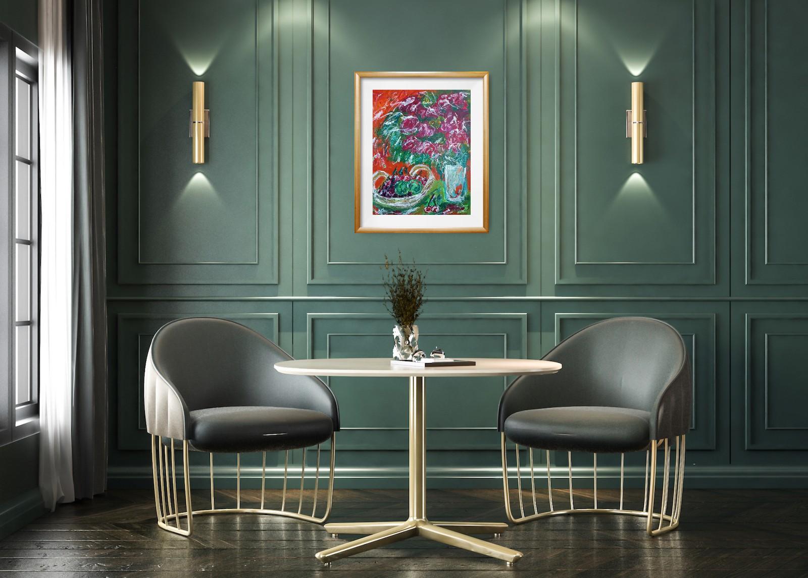 Pittura acrilica contemporanea di frutta su carta, con una natura morta espressiva e vivace in vendita 1
