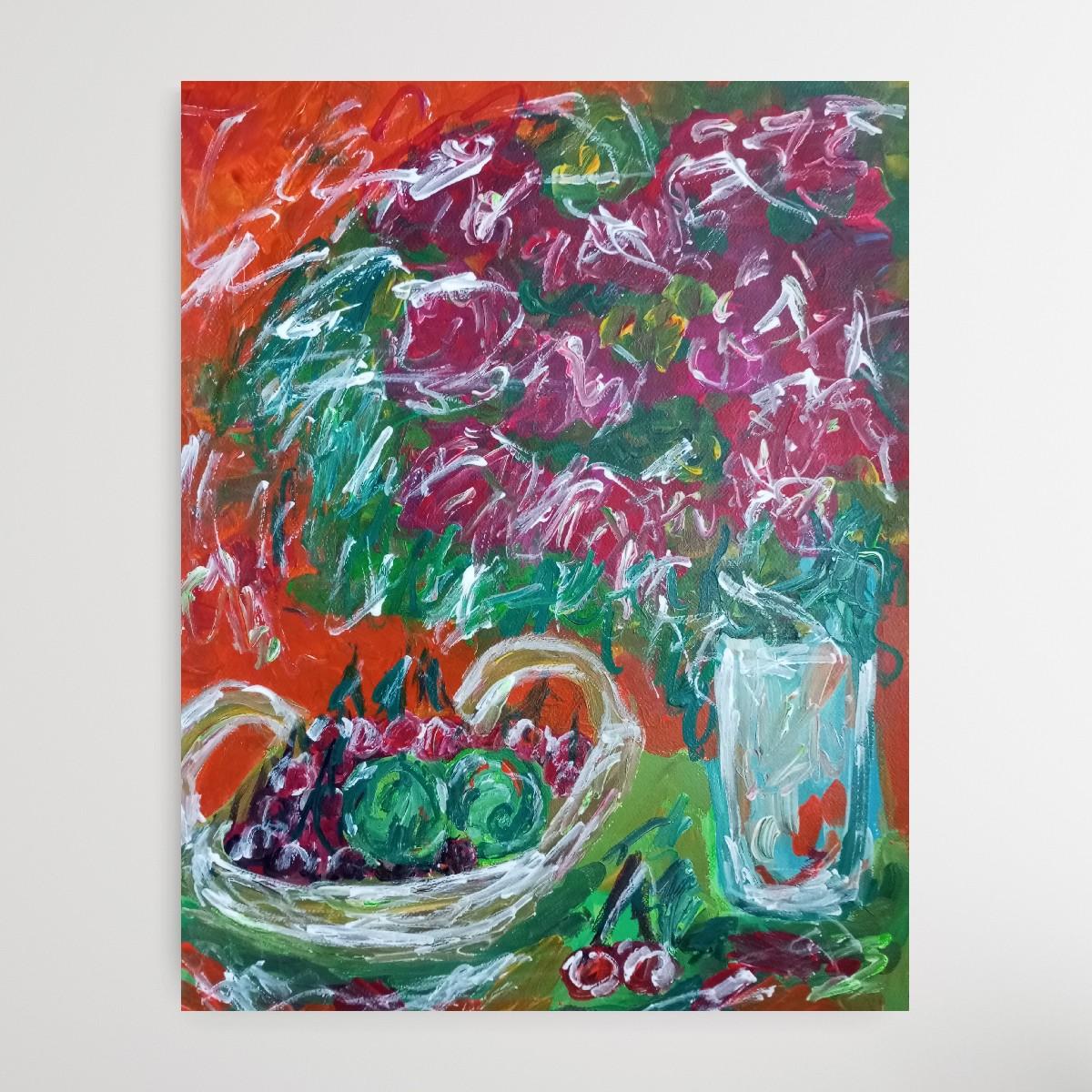 Pittura acrilica contemporanea di frutta su carta, con una natura morta espressiva e vivace in vendita 3