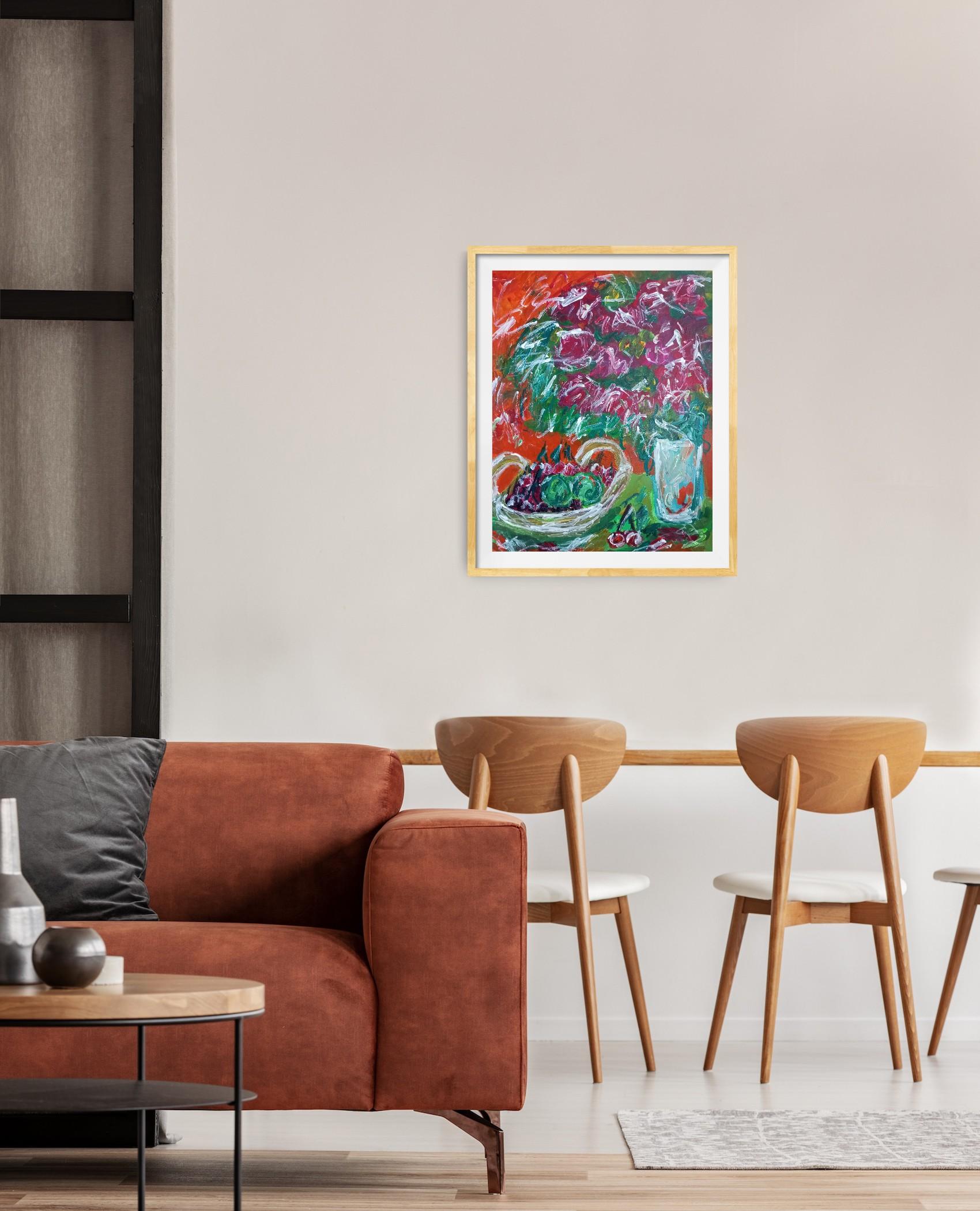 Pittura acrilica contemporanea di frutta su carta, con una natura morta espressiva e vivace in vendita 2