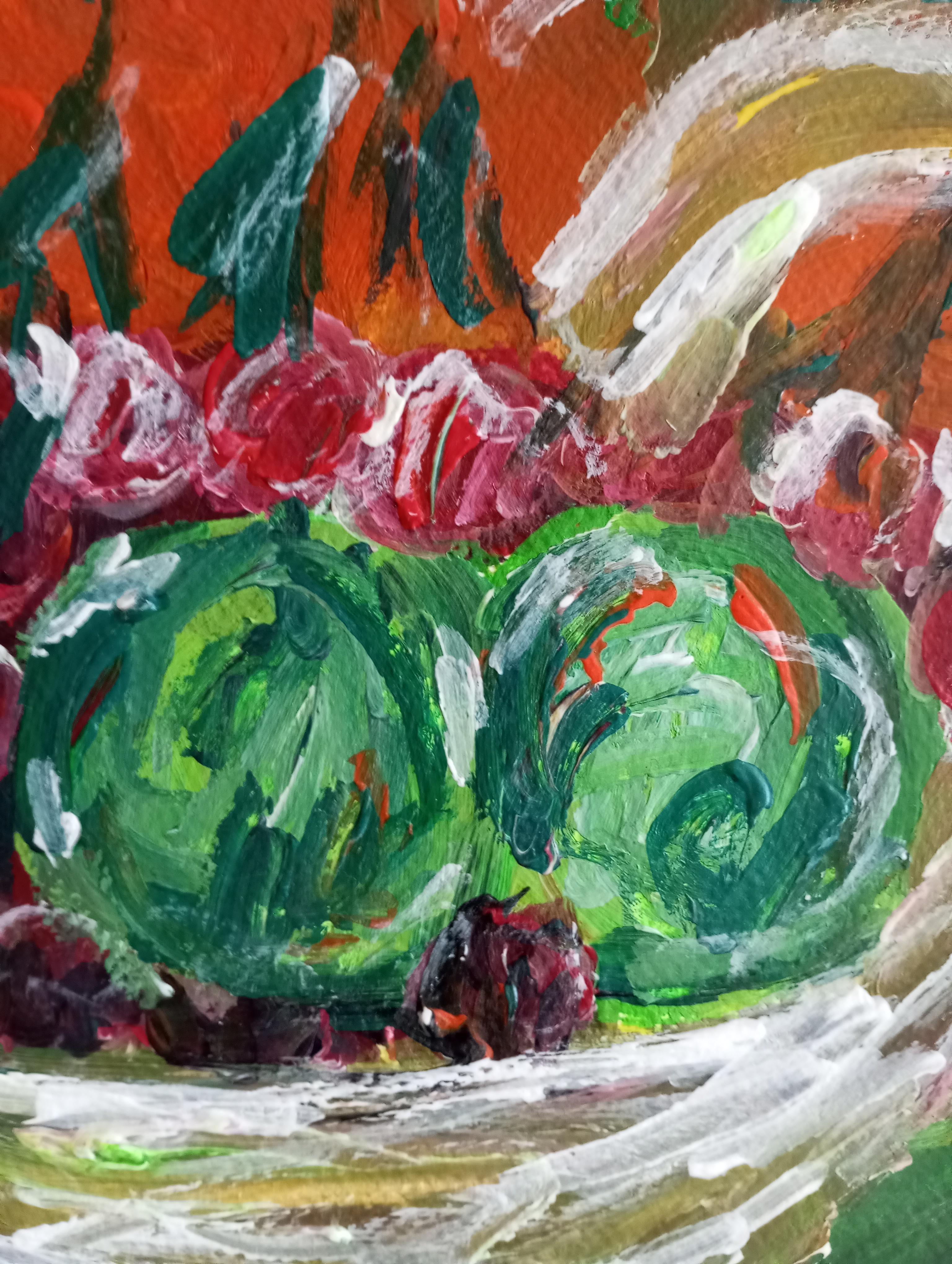 Pittura acrilica contemporanea di frutta su carta, con una natura morta espressiva e vivace in vendita 8