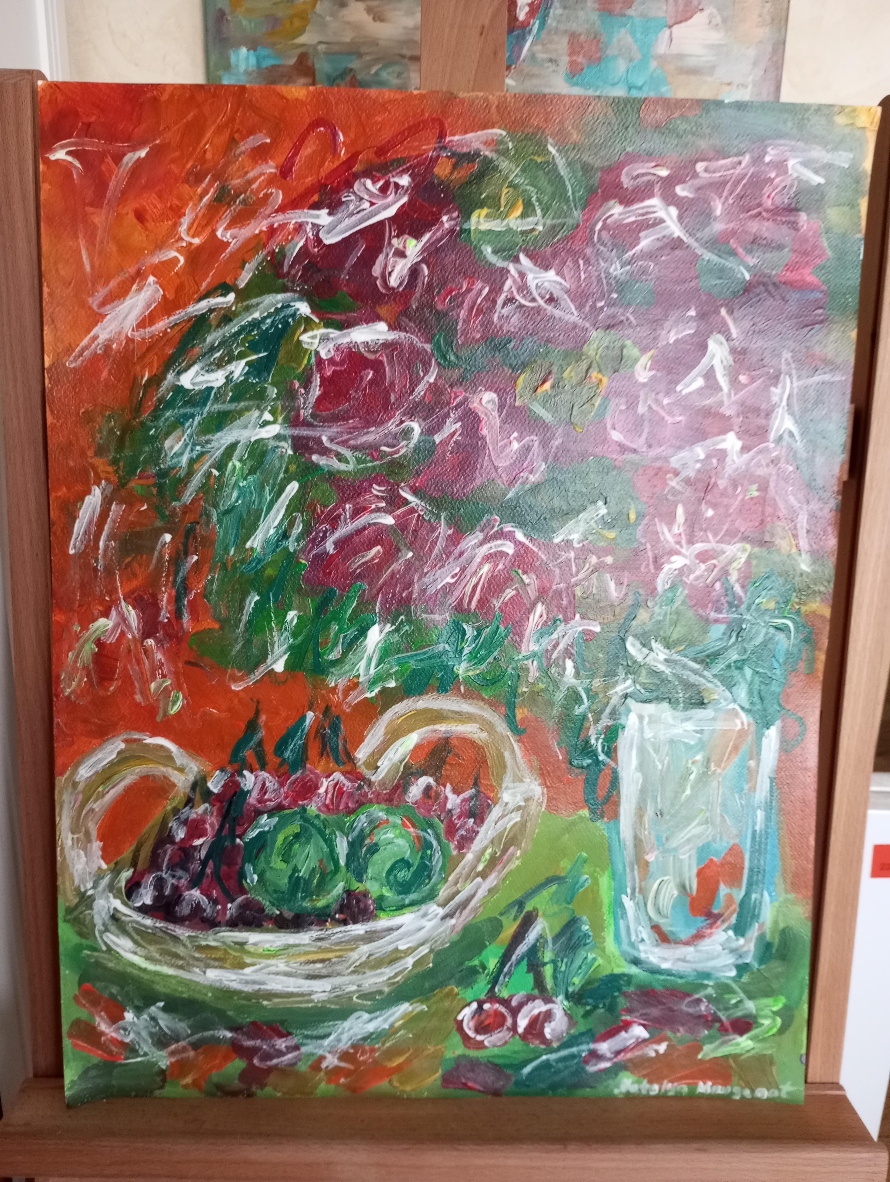 Pittura acrilica contemporanea di frutta su carta, con una natura morta espressiva e vivace in vendita 7
