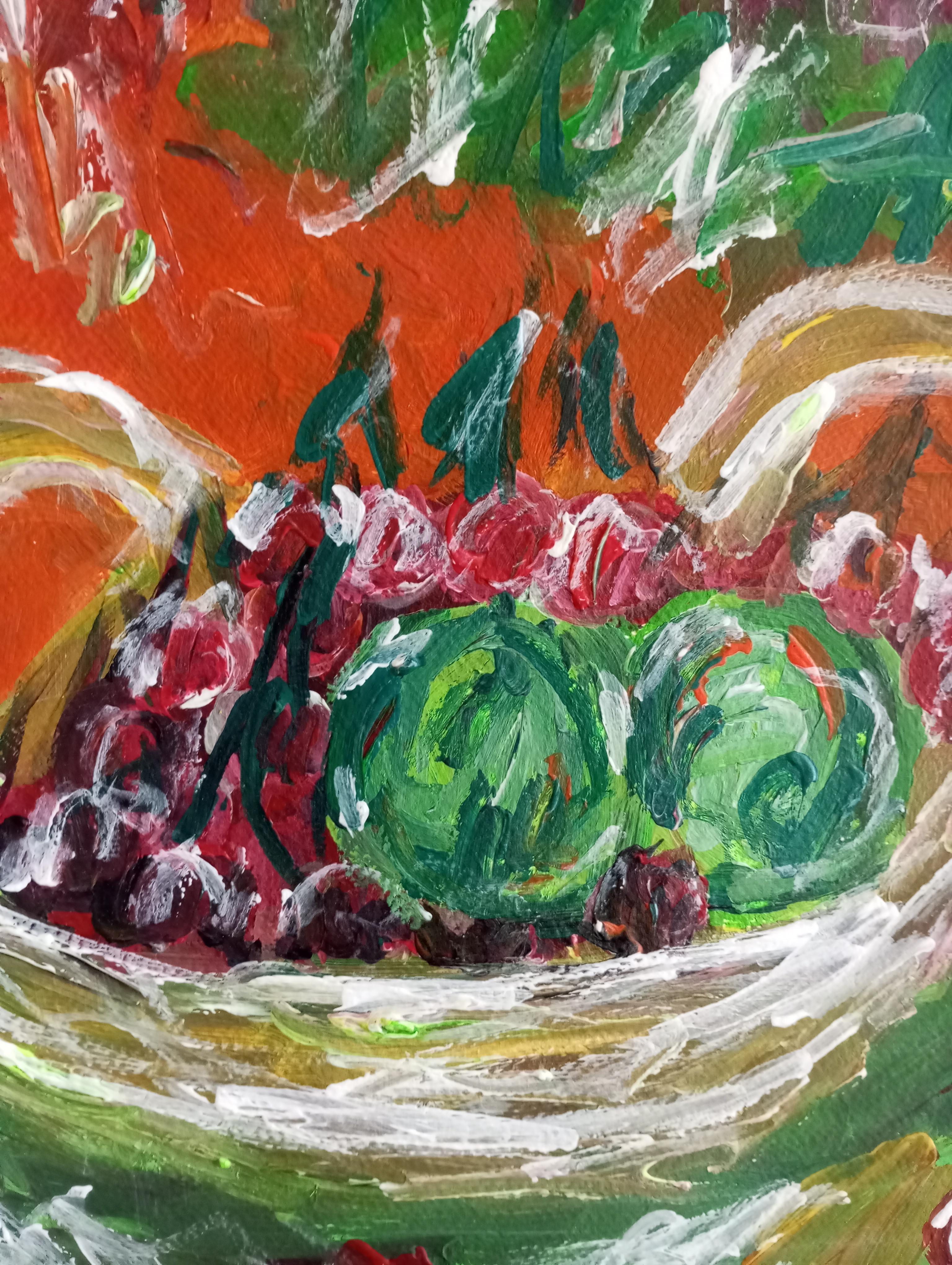 Pittura acrilica contemporanea di frutta su carta, con una natura morta espressiva e vivace in vendita 13