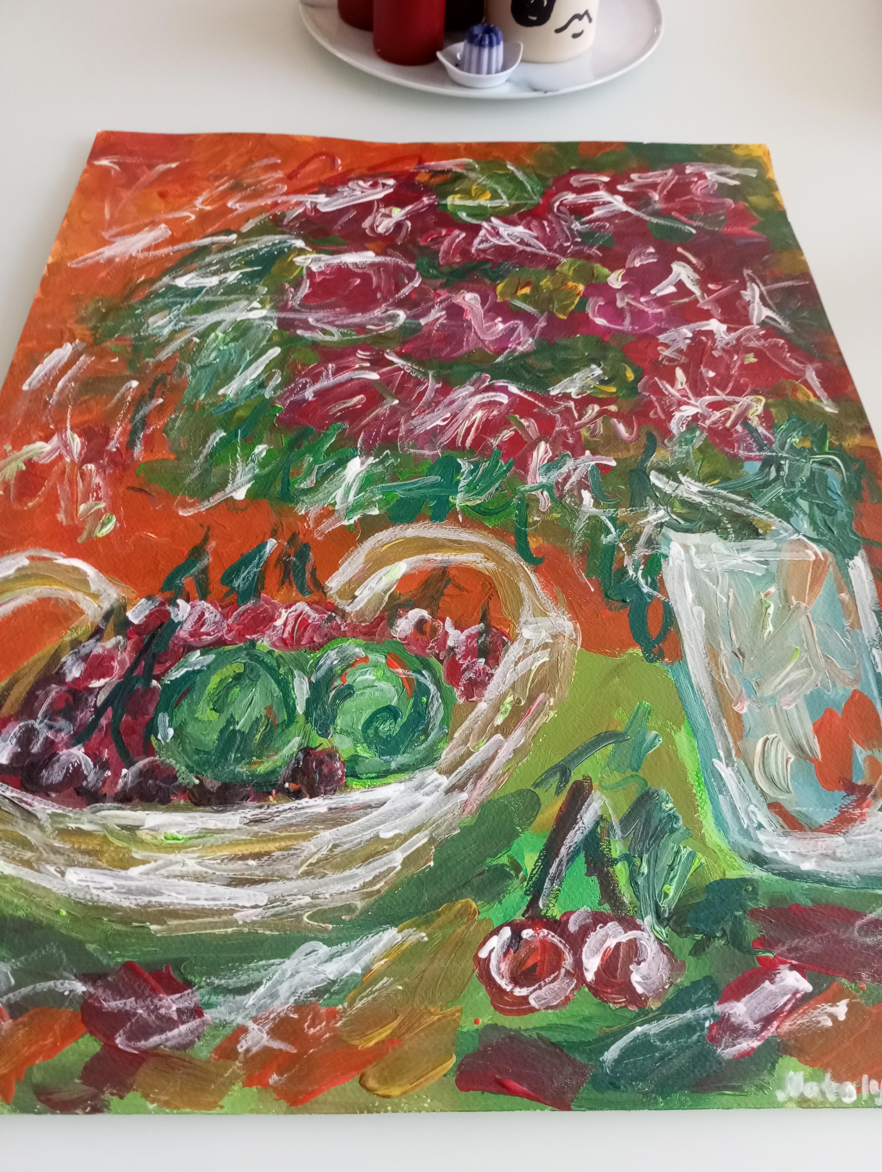 Pittura acrilica contemporanea di frutta su carta, con una natura morta espressiva e vivace in vendita 14