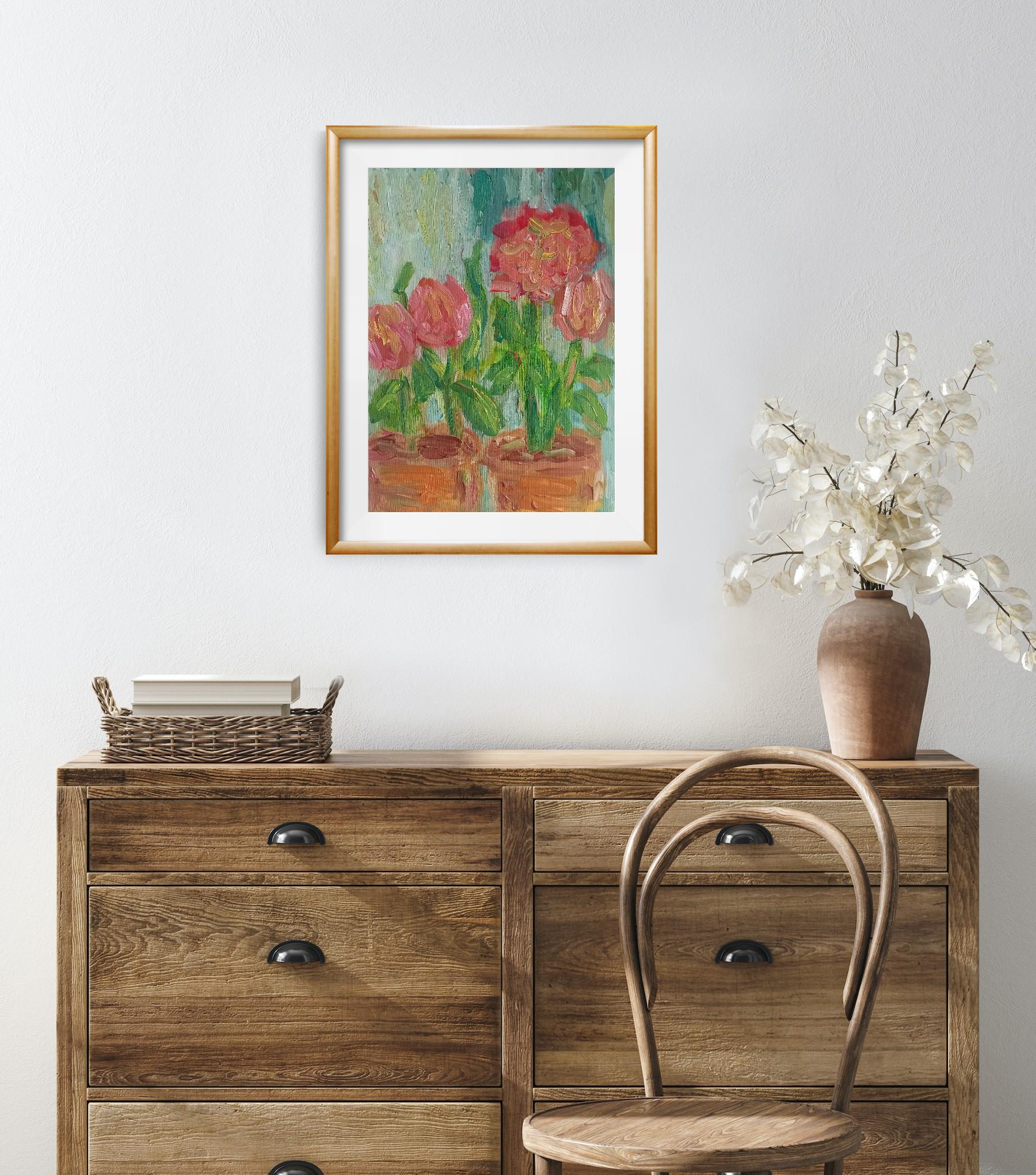Lost in the beauty of pink dahlias - Impressionist Painting by Natalya Mougenot 
