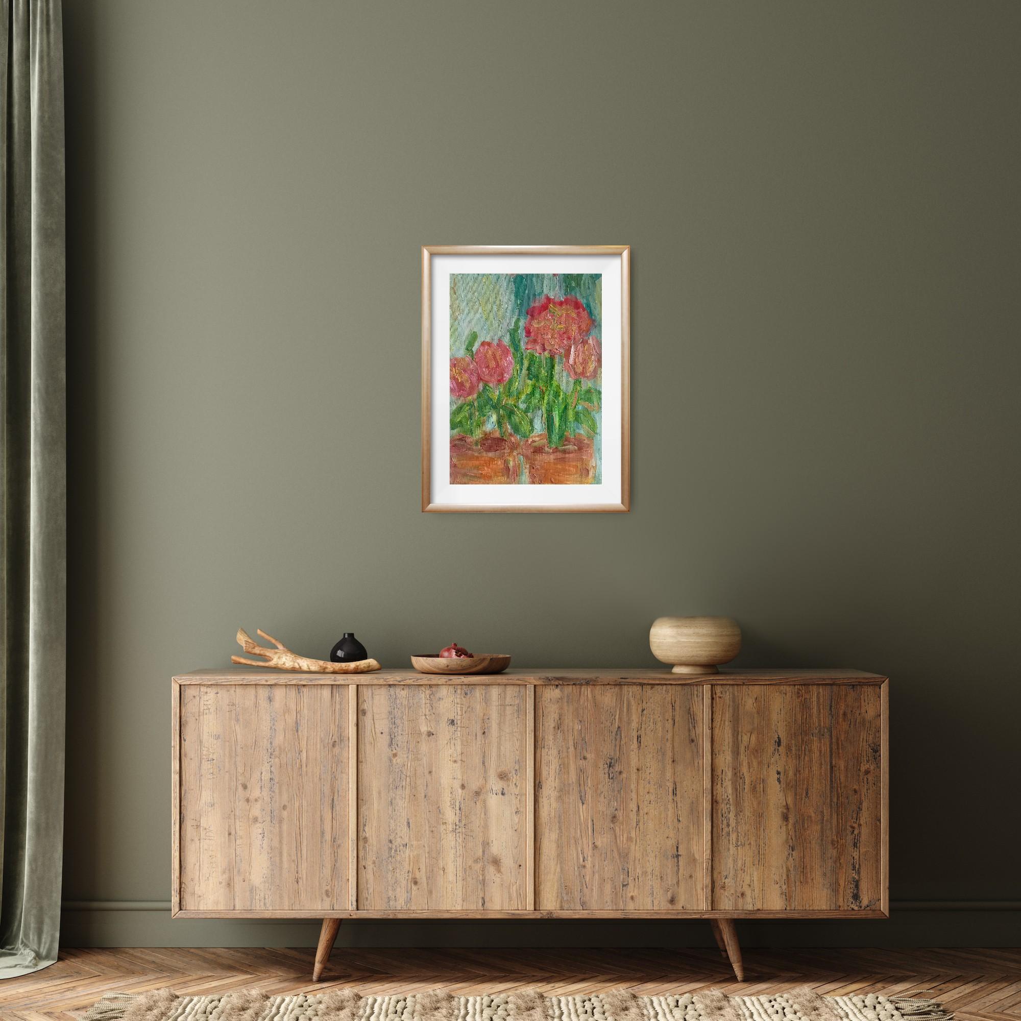 Lost in the beauty of pink dahlias - Brown Still-Life Painting by Natalya Mougenot 