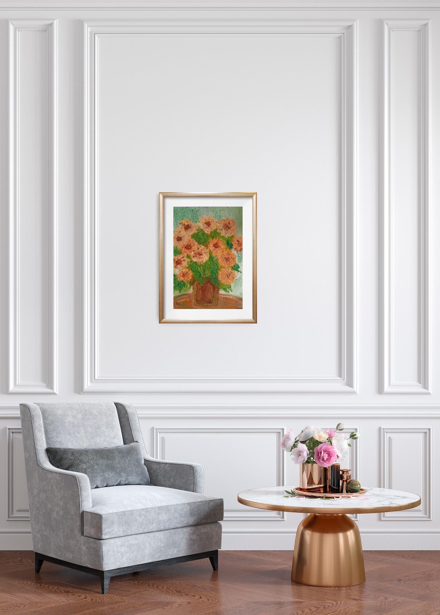 Sunkissed sunflowers in a terracotta vase - Impressionist Art by Natalya Mougenot 
