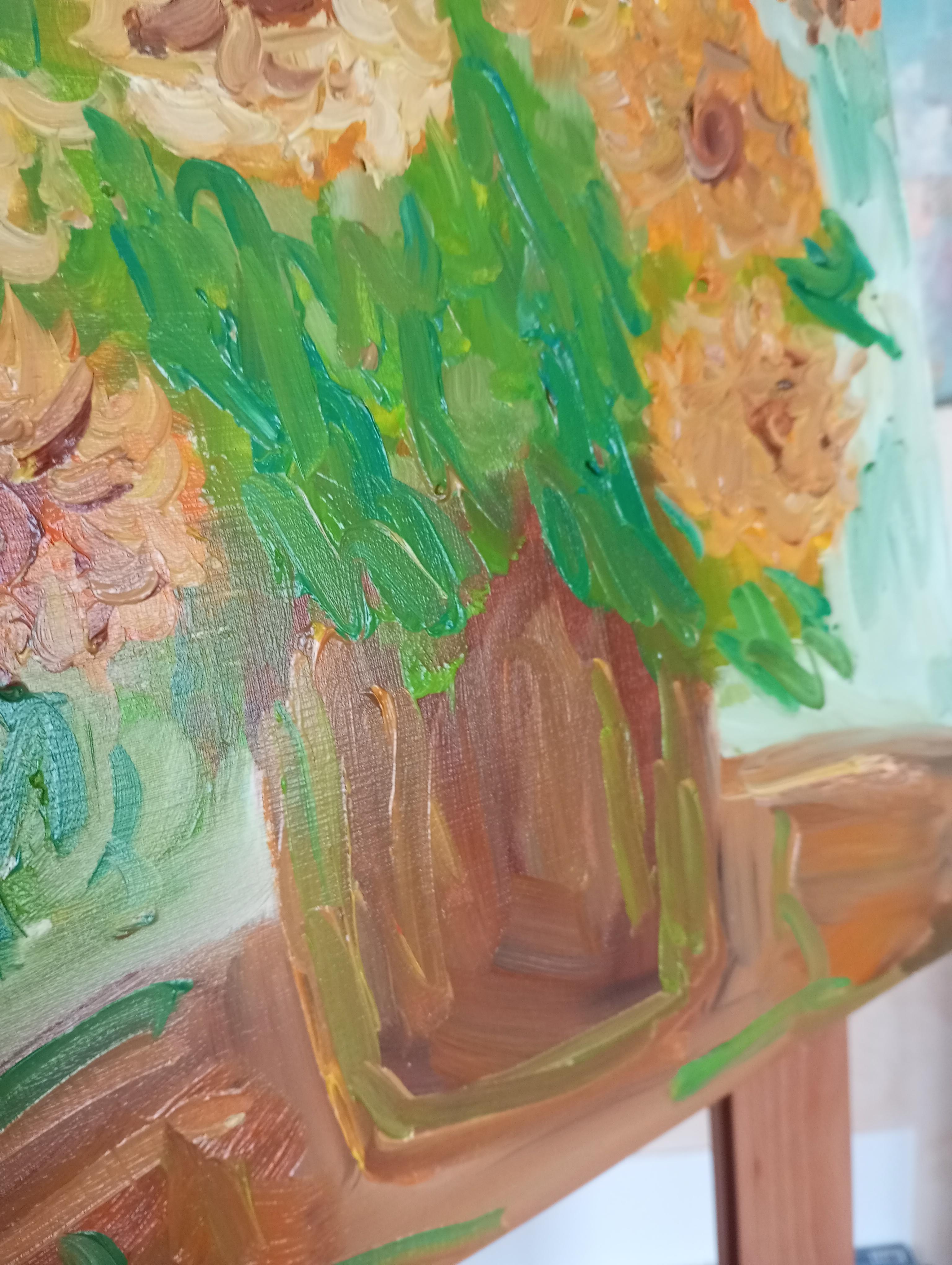 Sunkissed sunflowers in a terracotta vase For Sale 4