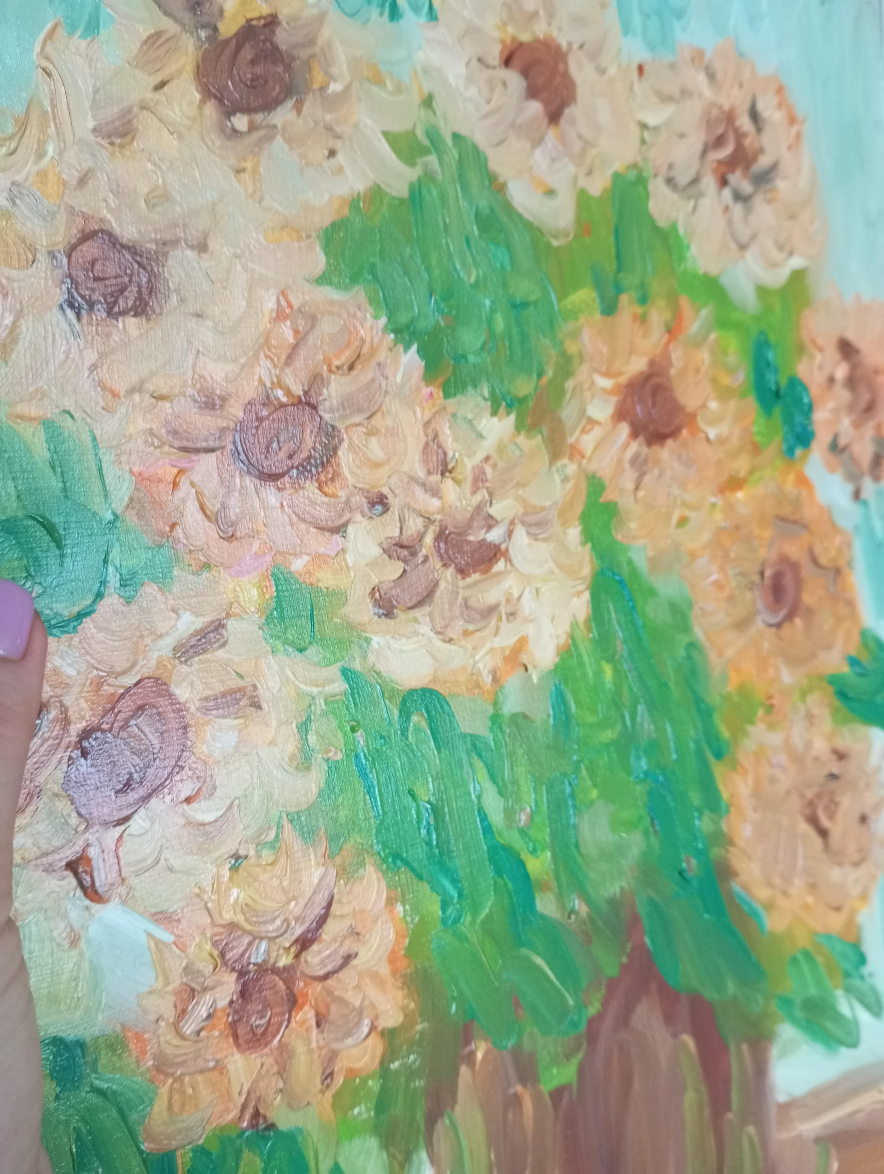 Sunkissed sunflowers in a terracotta vase For Sale 5