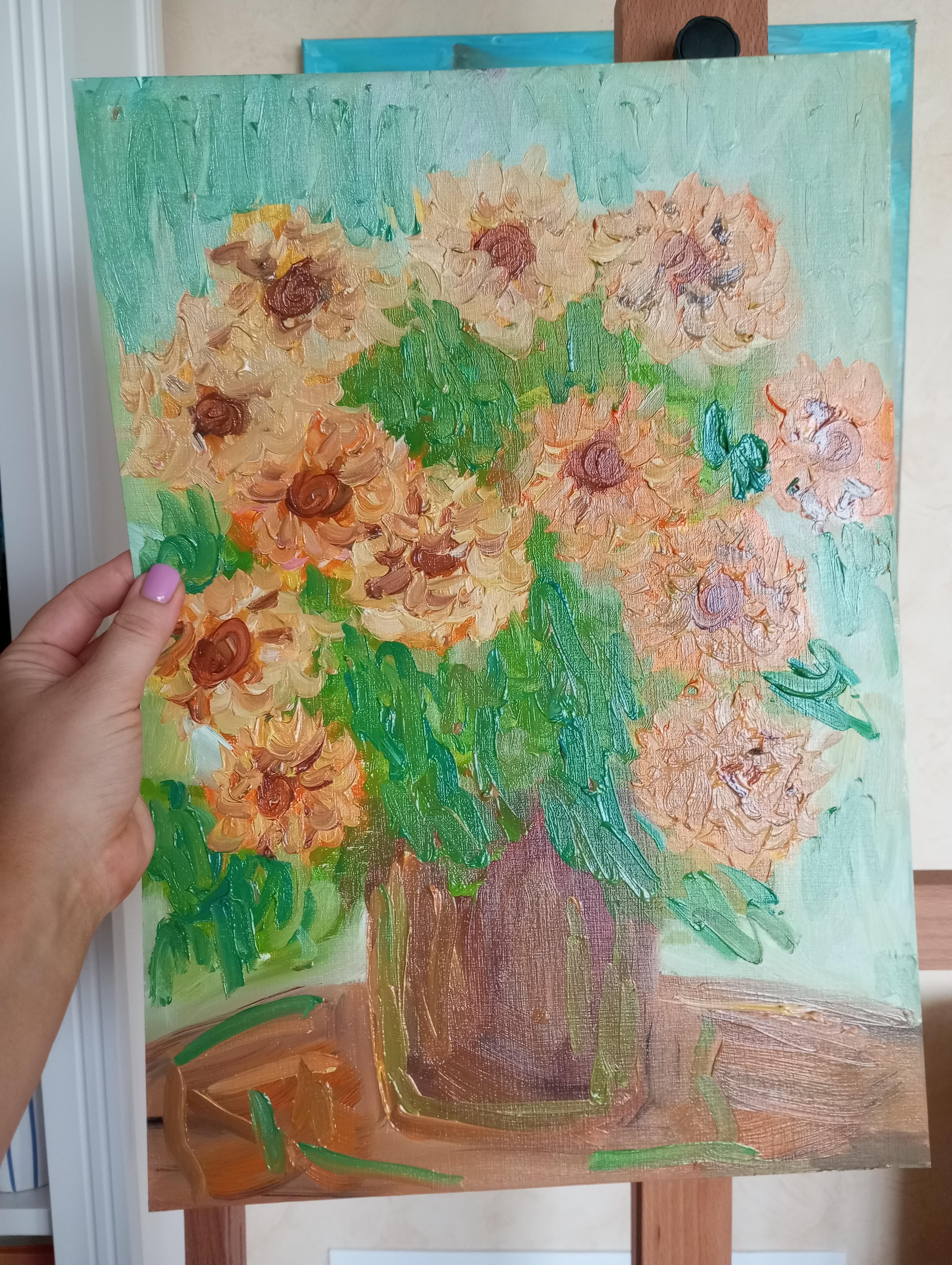 Sunkissed sunflowers in a terracotta vase For Sale 6