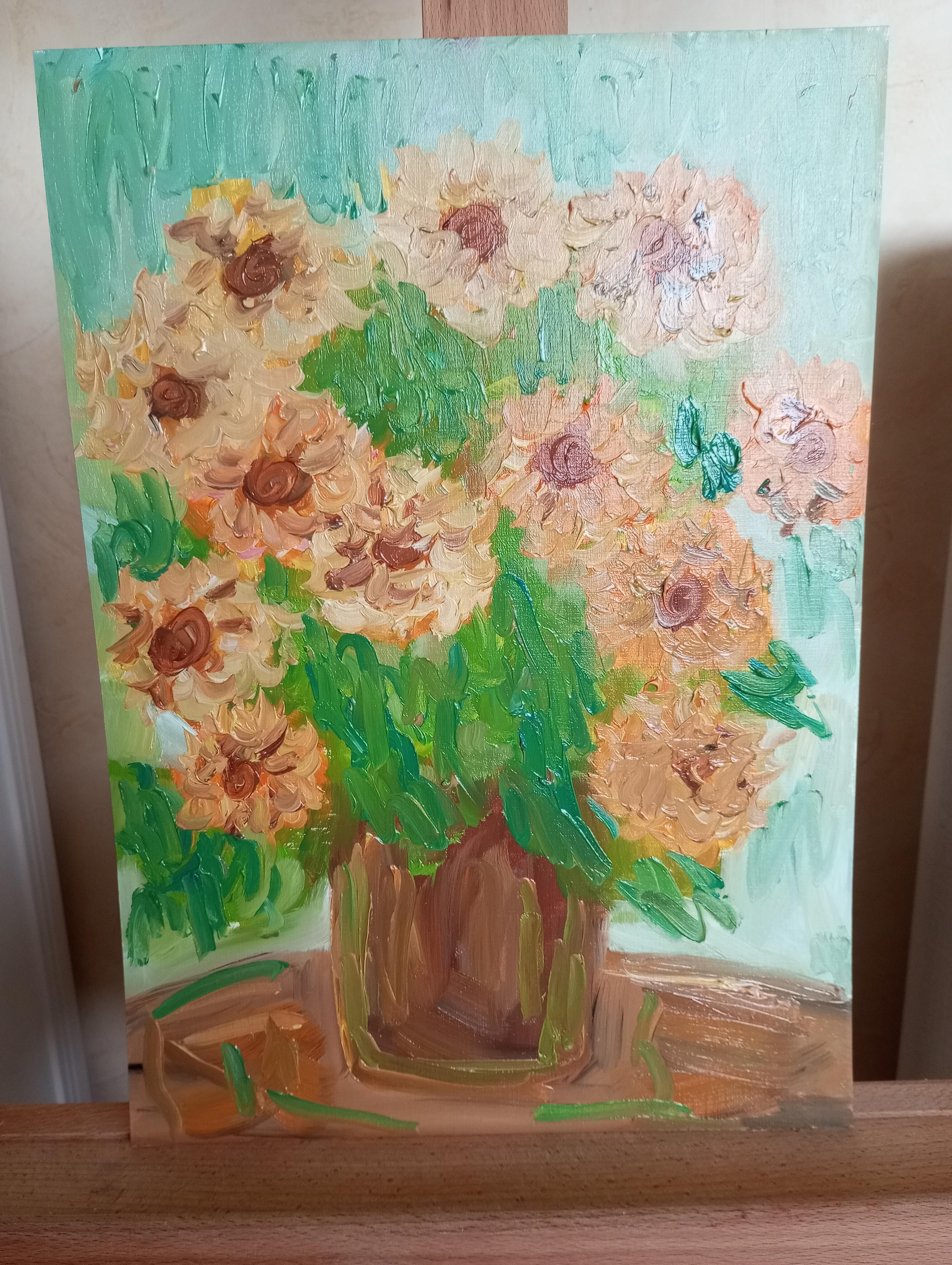 Sunkissed sunflowers in a terracotta vase For Sale 8