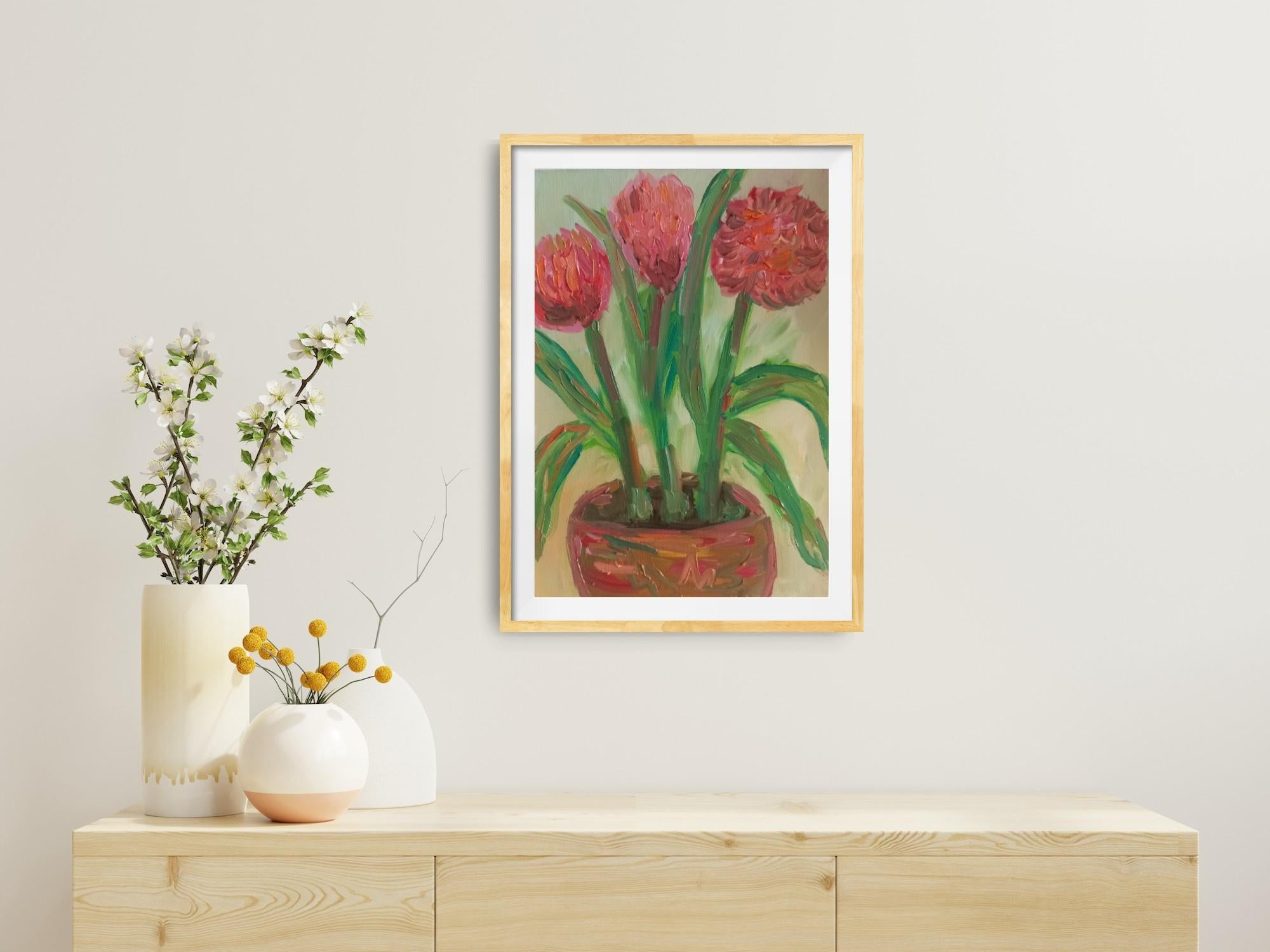 Pink dahlias blooming in a terracotta vase - Art by Natalya Mougenot 