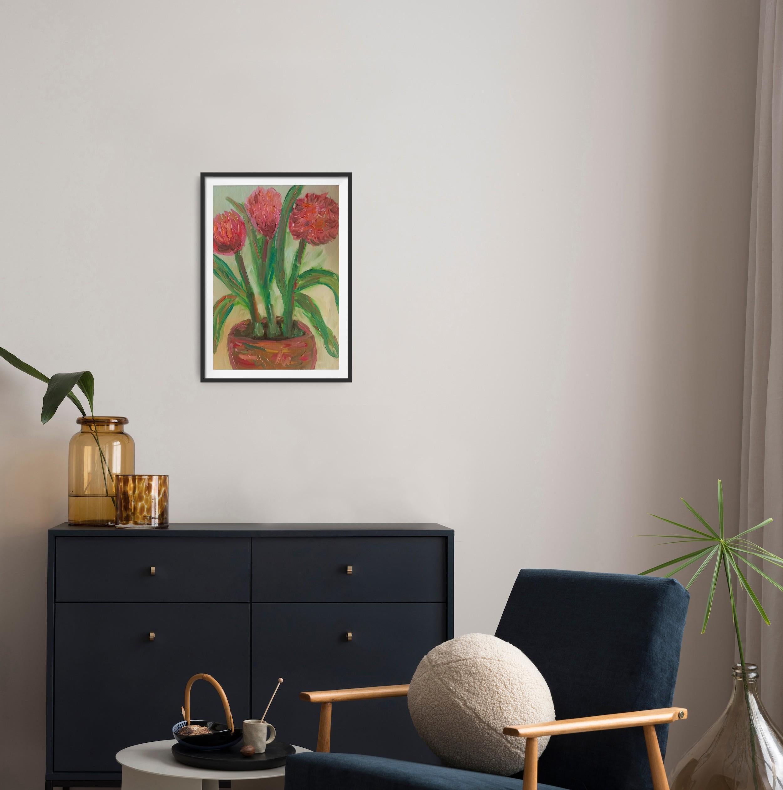 Pink dahlias blooming in a terracotta vase - Brown Landscape Art by Natalya Mougenot 