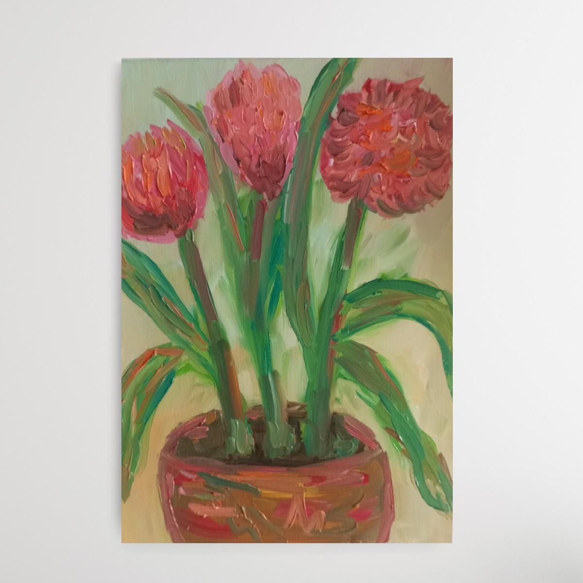 Pink dahlias blooming in a terracotta vase For Sale 3