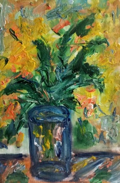 "Yellow irises in a blue vase" (contemporary floral art)