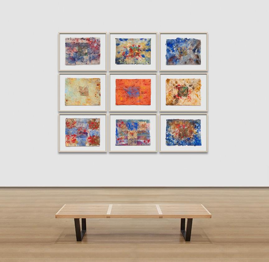 G. B. Vanni's Erosions of the Square I is a small abstract work measuring 13.5 x 17.5 inches. It is framed floating in a 19 x 25 wood frame. The main colors are blue, red and gold. Raw pigment and bronze leaf are laid on Japanese Silk Paper. 
This