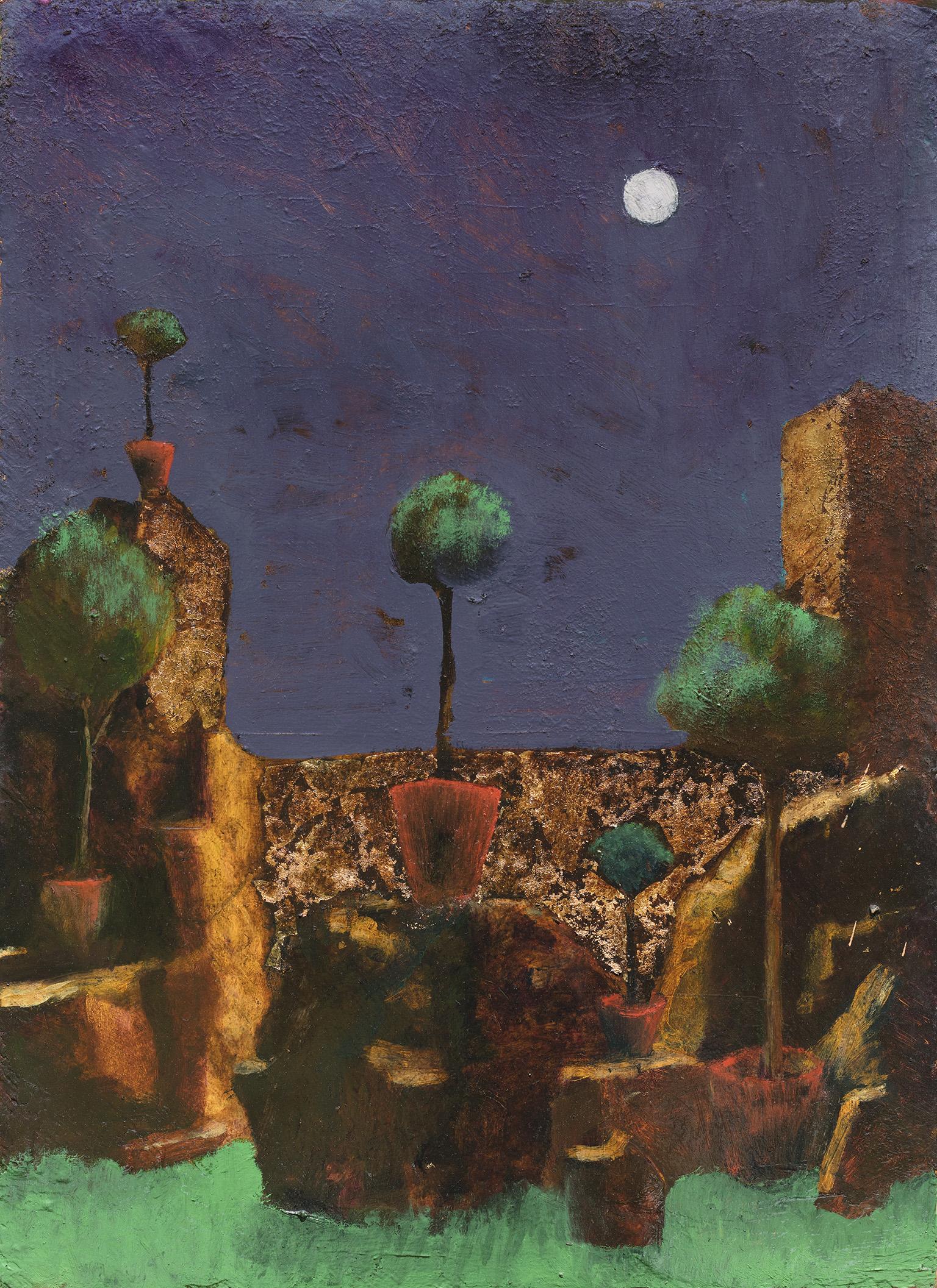 Gregory Kitterle's "Garden at Night" is a 27.5 x 20 inch figurative painting on panel. The scene represent a very poetic and dreamy garden lit by the moon. The use of gold leaf increases the feeling of the rocks glowing under the moon light, while