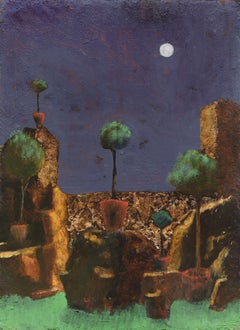 Garden at Night - Figurative Painting on Panel with Gold Leaf