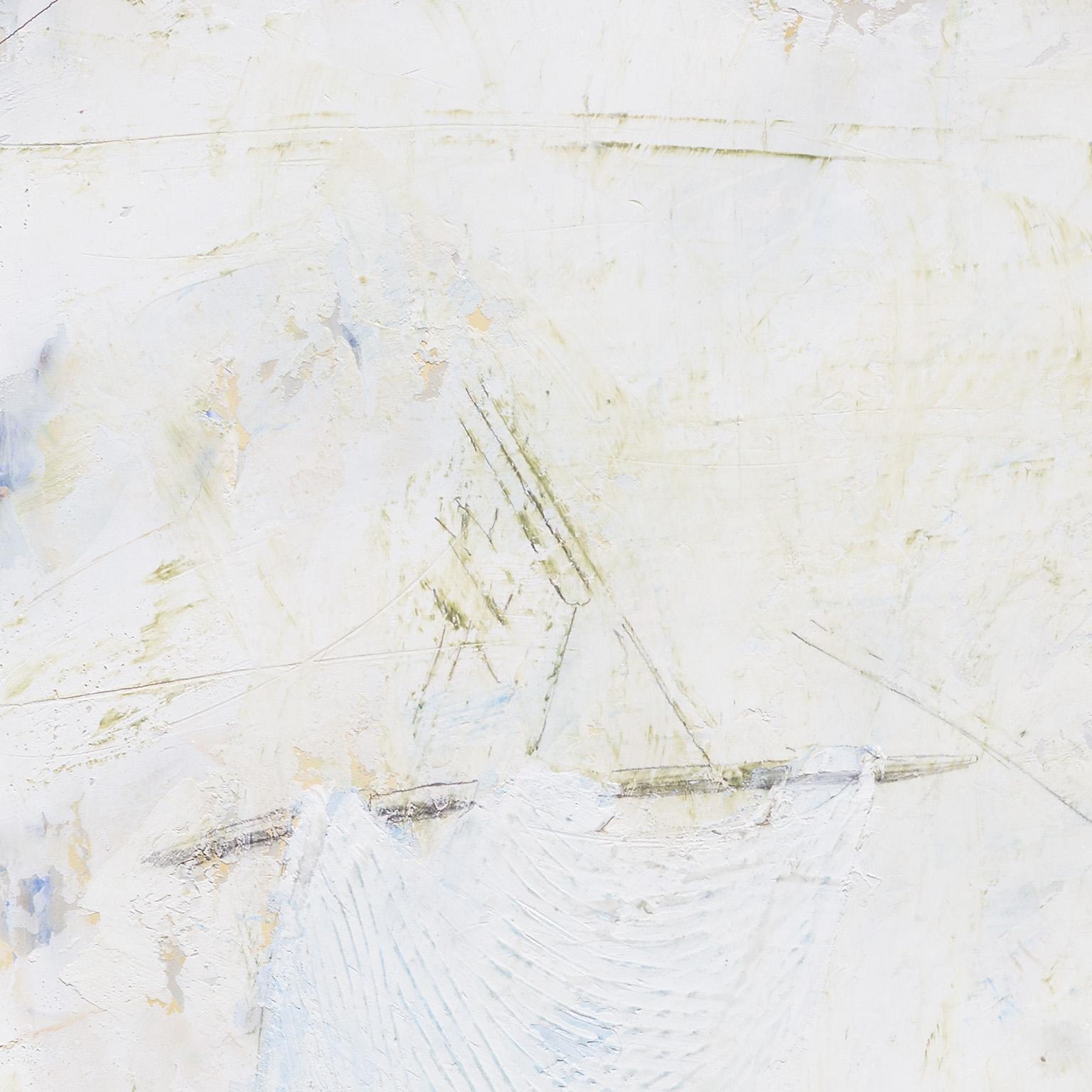 Trace and Sway – Abstraktes, quadratisches Werk mit kleinen Graffiti auf weißem Gips (Grau), Figurative Painting, von Gregory Kitterle
