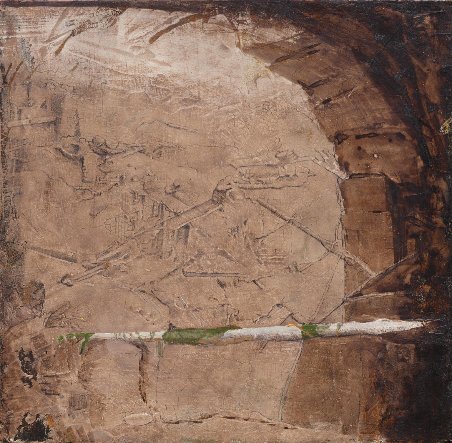 Arch and Pole - Square Figurative Painting with Earth Colors