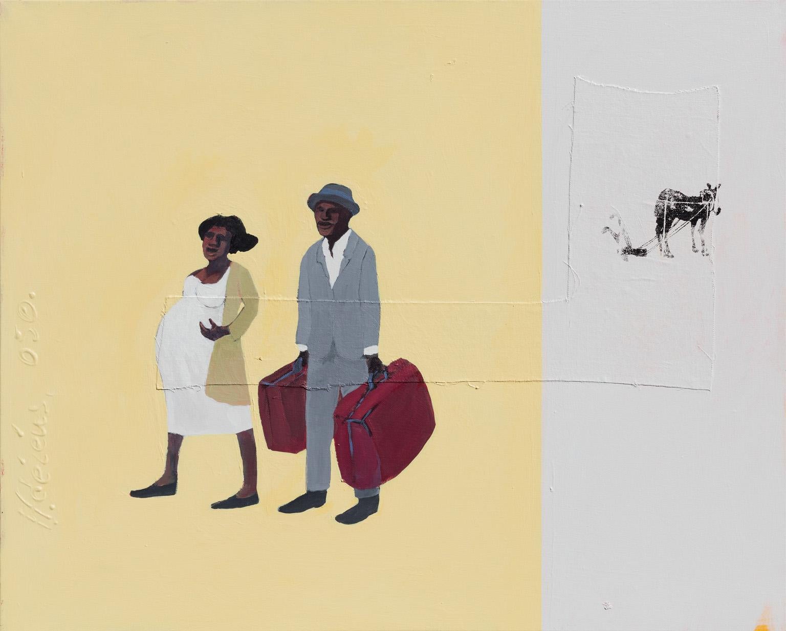 Francks Deceus's Journey #3 is a 24 x 30 inches mixed media work on canvas with collage. The work is partitioned in two distinct images. On the left side the artist depicted an African American couple standing against a yellow background. The woman