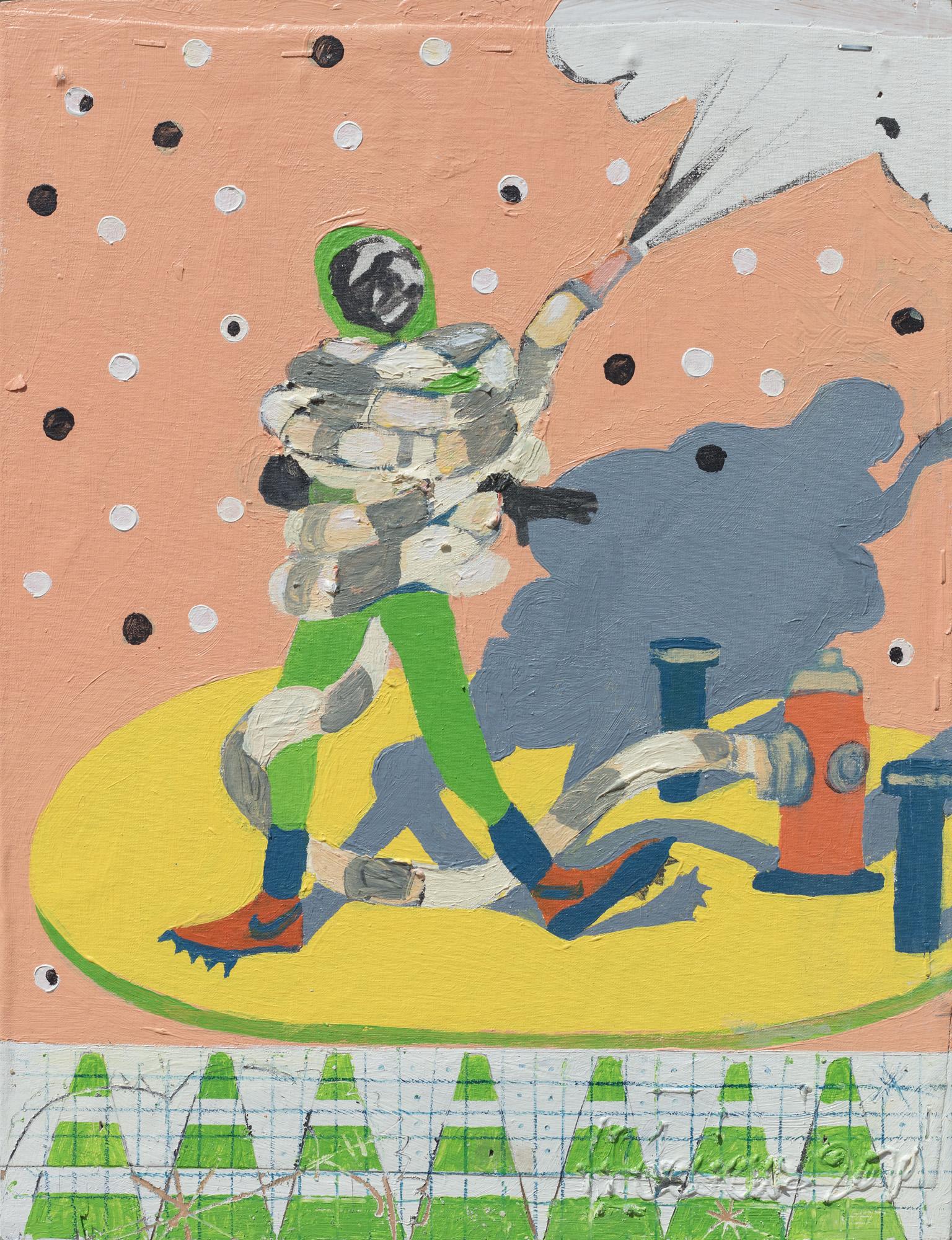 Francks Deceus’ “Mumbo Jumbo #11” is a 16 x 12 inch acrylic paint, color pencil, and collage painting on canvas. The bright green, yellow and pink image is very playful, showing a male figure warped in a fire hose spraying water in a random
