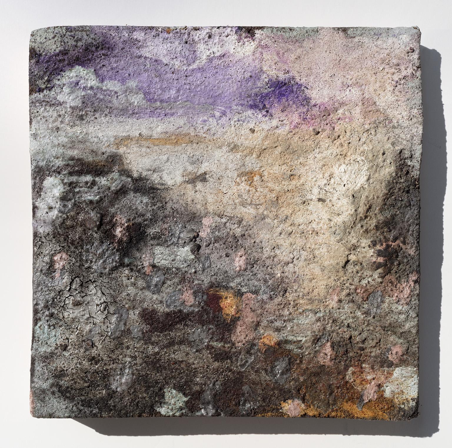 Terra Bruciata (Scorched Earth) #3 - Small abstract purple and black painting - Mixed Media Art by Orazio De Gennaro