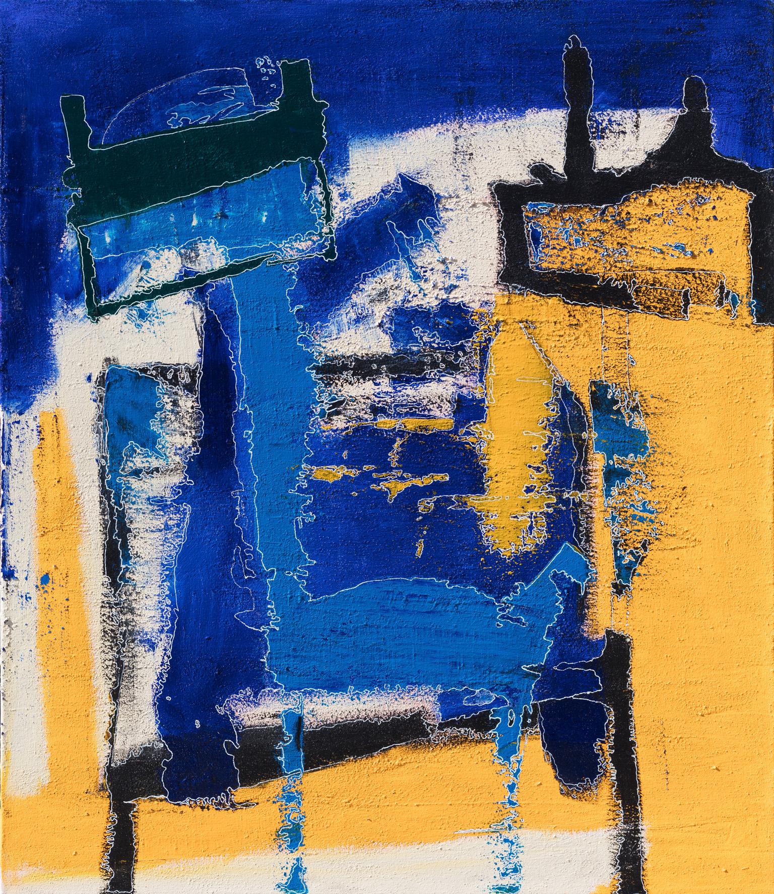 Yellow and Blue Abstract Expressionist Oil Painting With Llama 