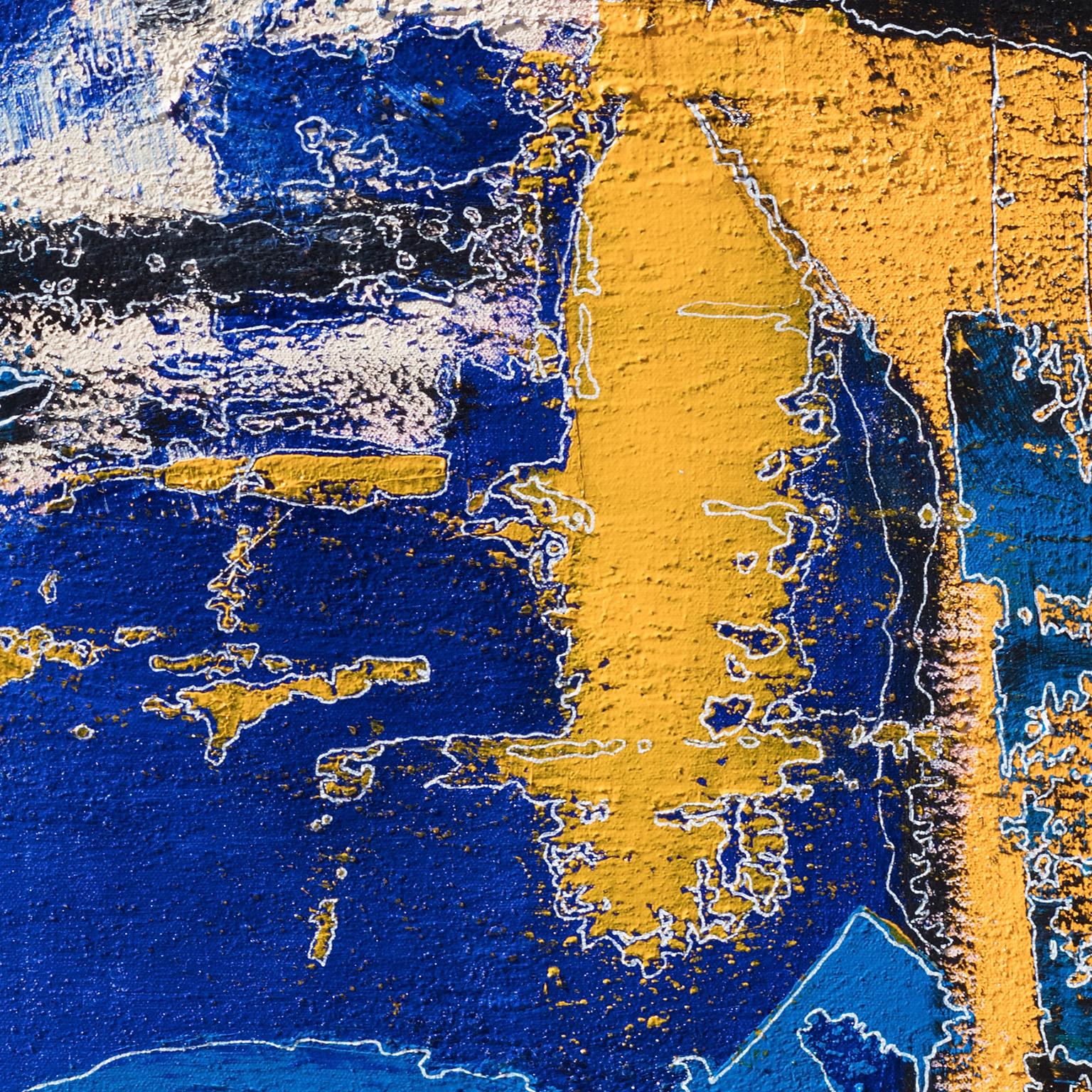The Squares that Define - Abstract Versus Figurative Painting in Blue and Yellow - Purple Abstract Painting by Parris Jaru