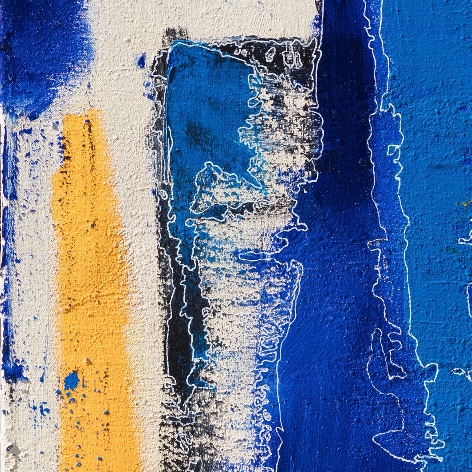 I quadrati che definiscono - Pittura astratta e figurativa in blu e giallo in vendita 2