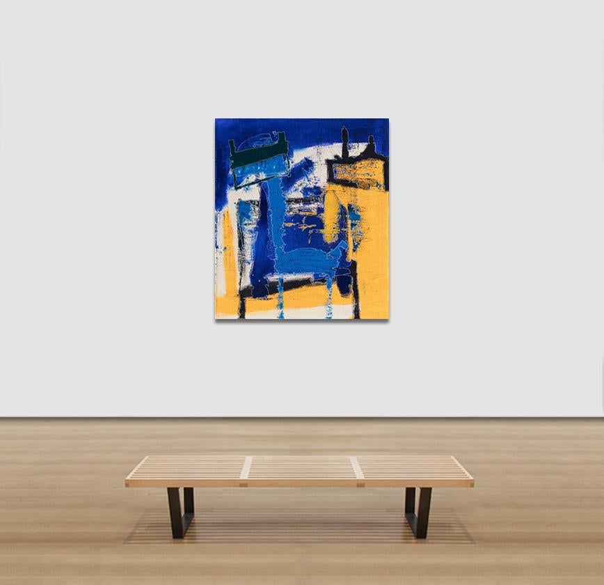 The Squares that Define - Abstract Versus Figurative Painting in Blue and Yellow For Sale 2