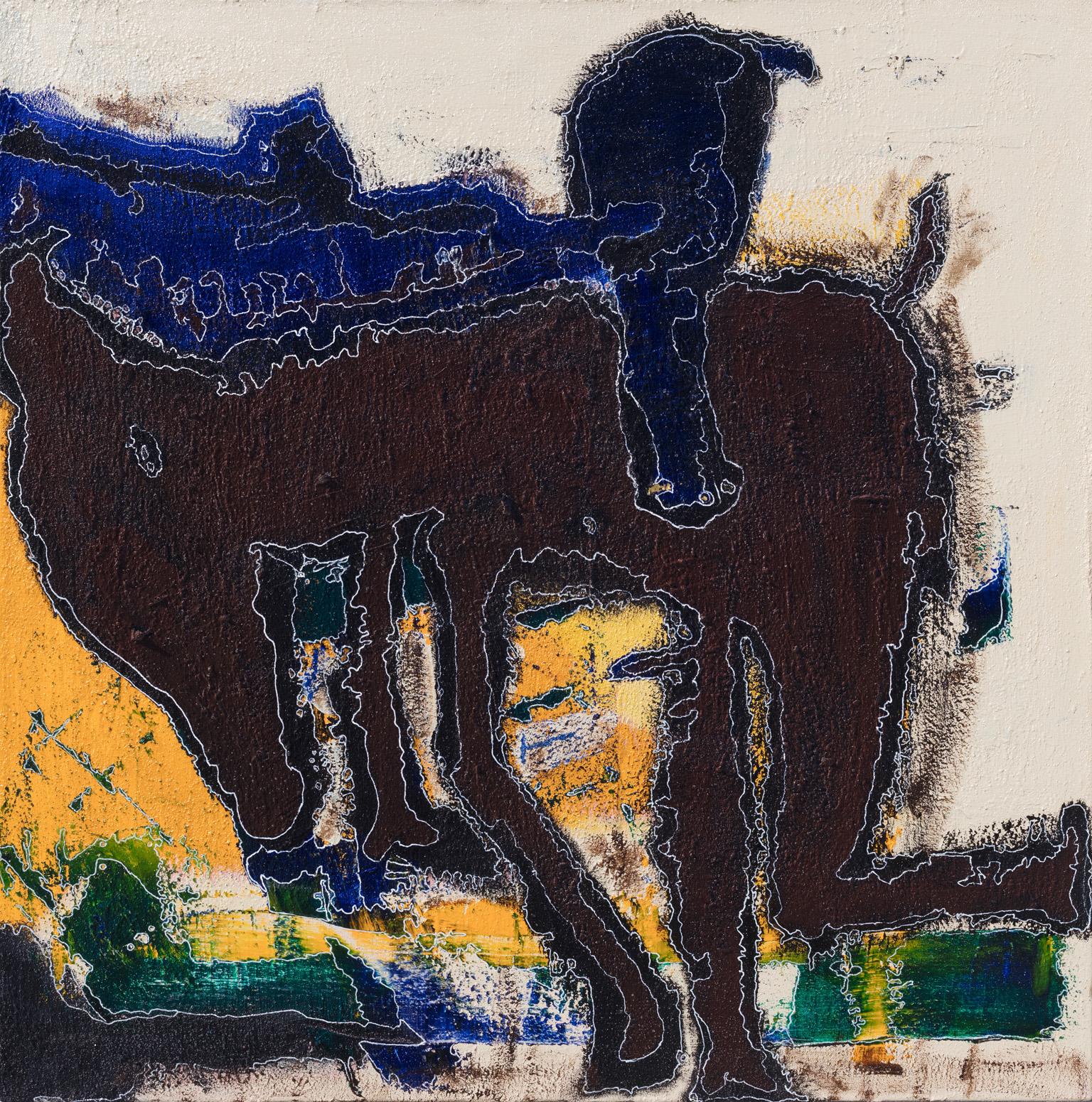 Le garde-boue - Peinture à l'huile figurative abstraite représentant un Versus, bleu et jaune