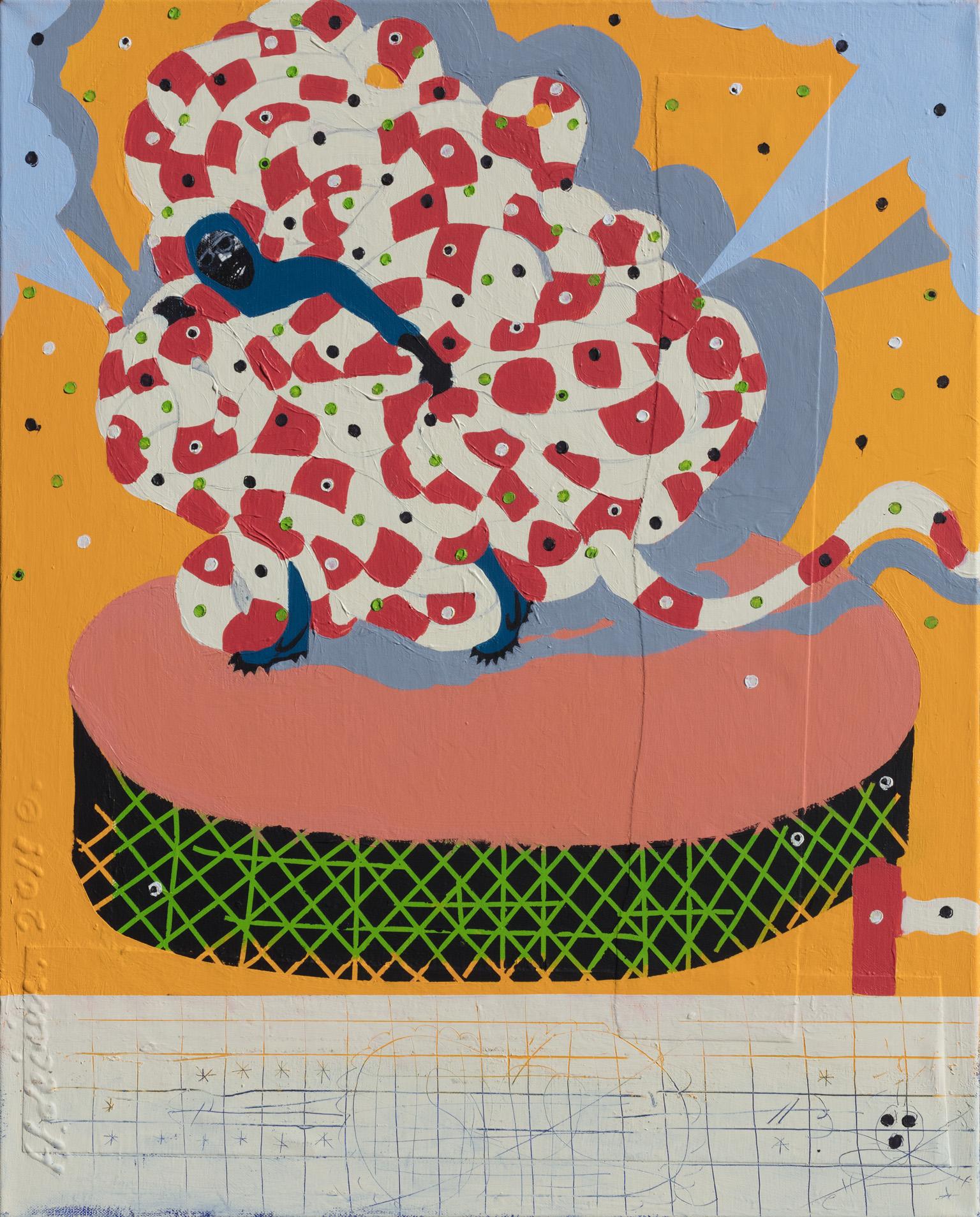 Francks Deceus’ “Mumbo Jumbo NYC#7” is a 30 x 24 inch acrylic paint, color pencil, and collage painting on canvas. The main colors are pink, orange and blue. The image is very playful, showing figures warped in a fire hose. The title “Mumbo Jumbo",