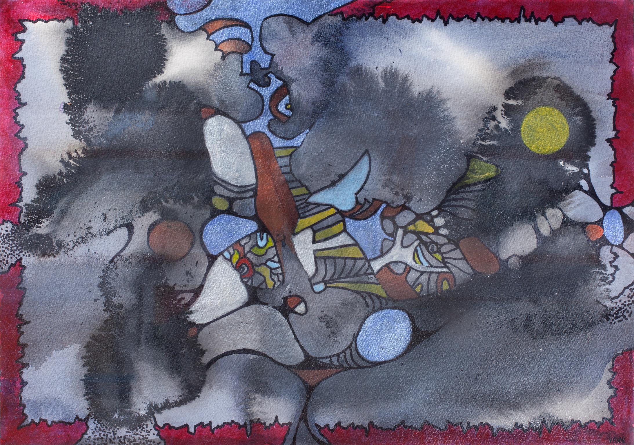 Gian Berto Vanni Abstract Drawing - Watercolor in Grey - Abstract Watercolor with Mauve and Blue Colors