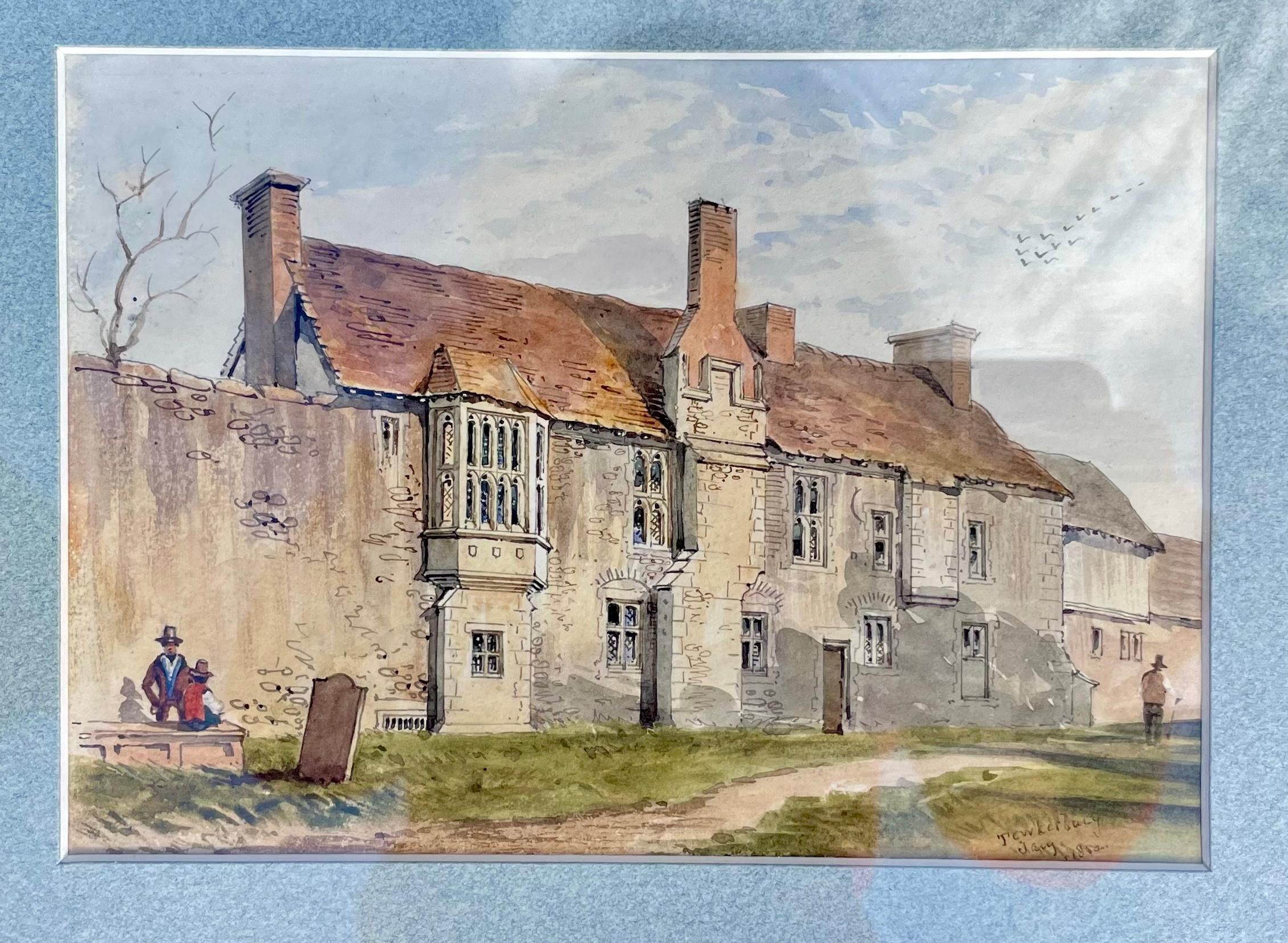 Unknown Landscape Art - 19th century watercolor of a street scene in Tewkesbury, England