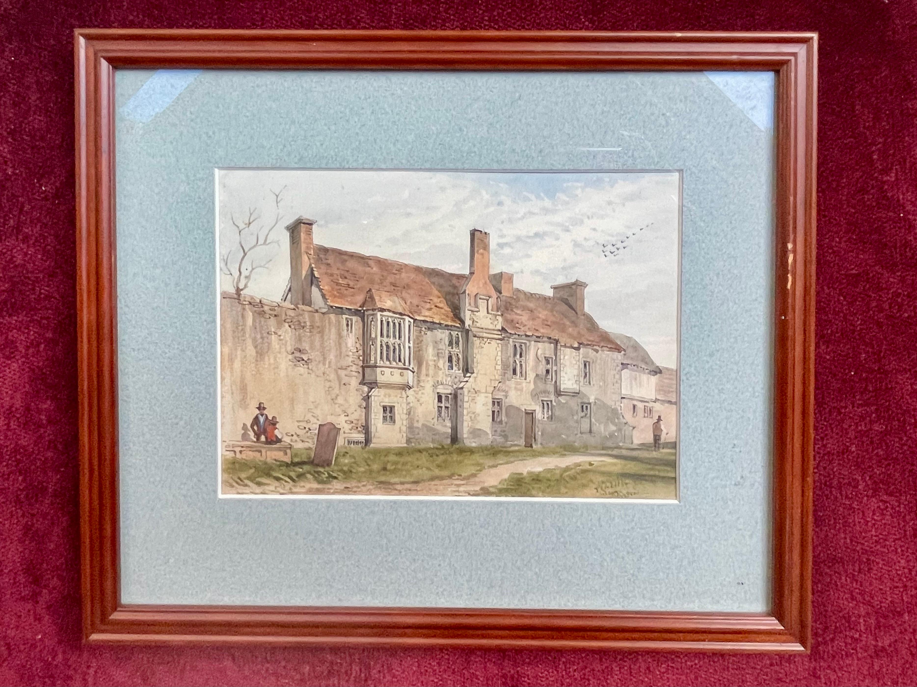 19th century watercolor of a street scene in Tewkesbury, England - Art by Unknown