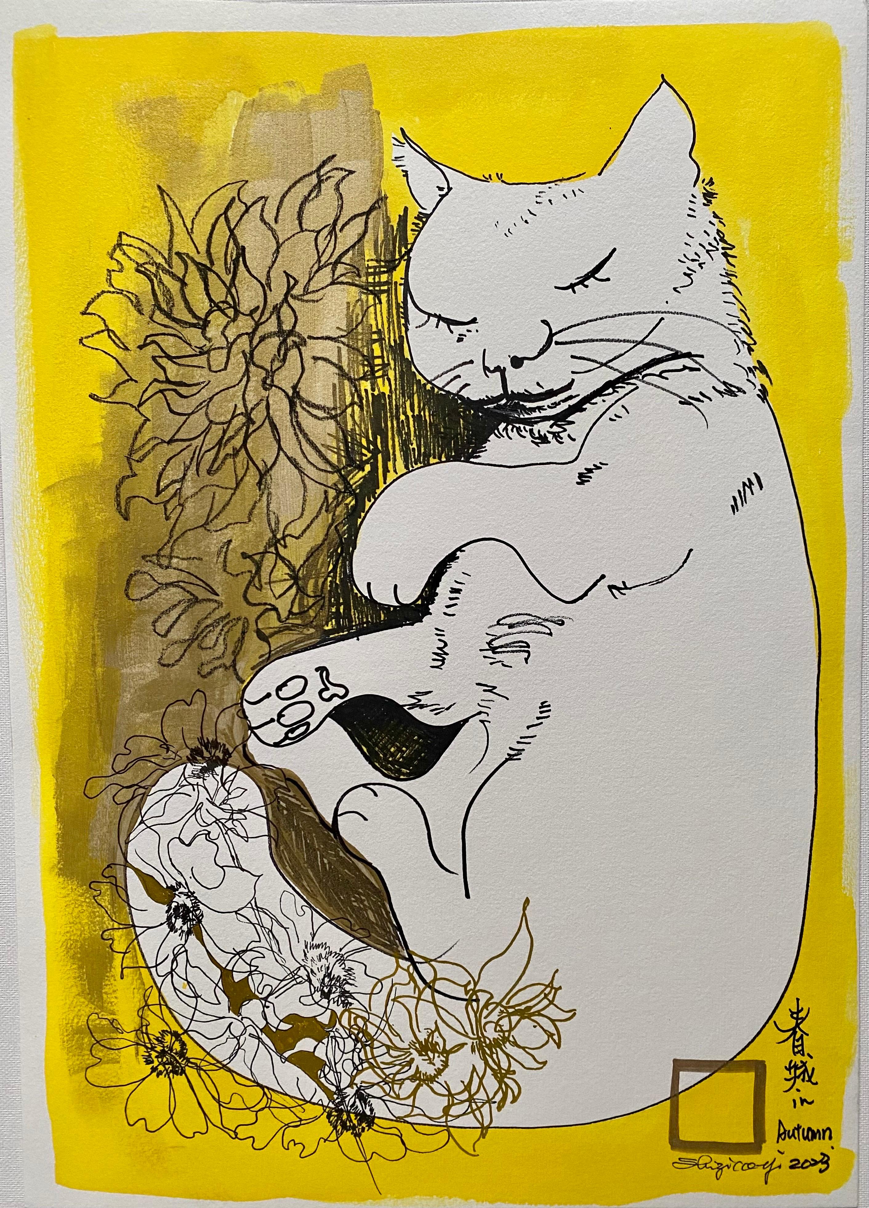 Shizico Yi Animal Art - Original-Sunlit-Prayers Series-Cat with Dahlias II -landscape-UK Awarded Artist
