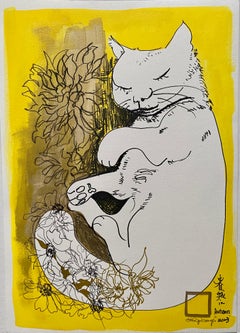 Série originale « Sunlit-Prayers » - Cat with Dahlias II -landscape - Artiste primé au Royaume-Uni