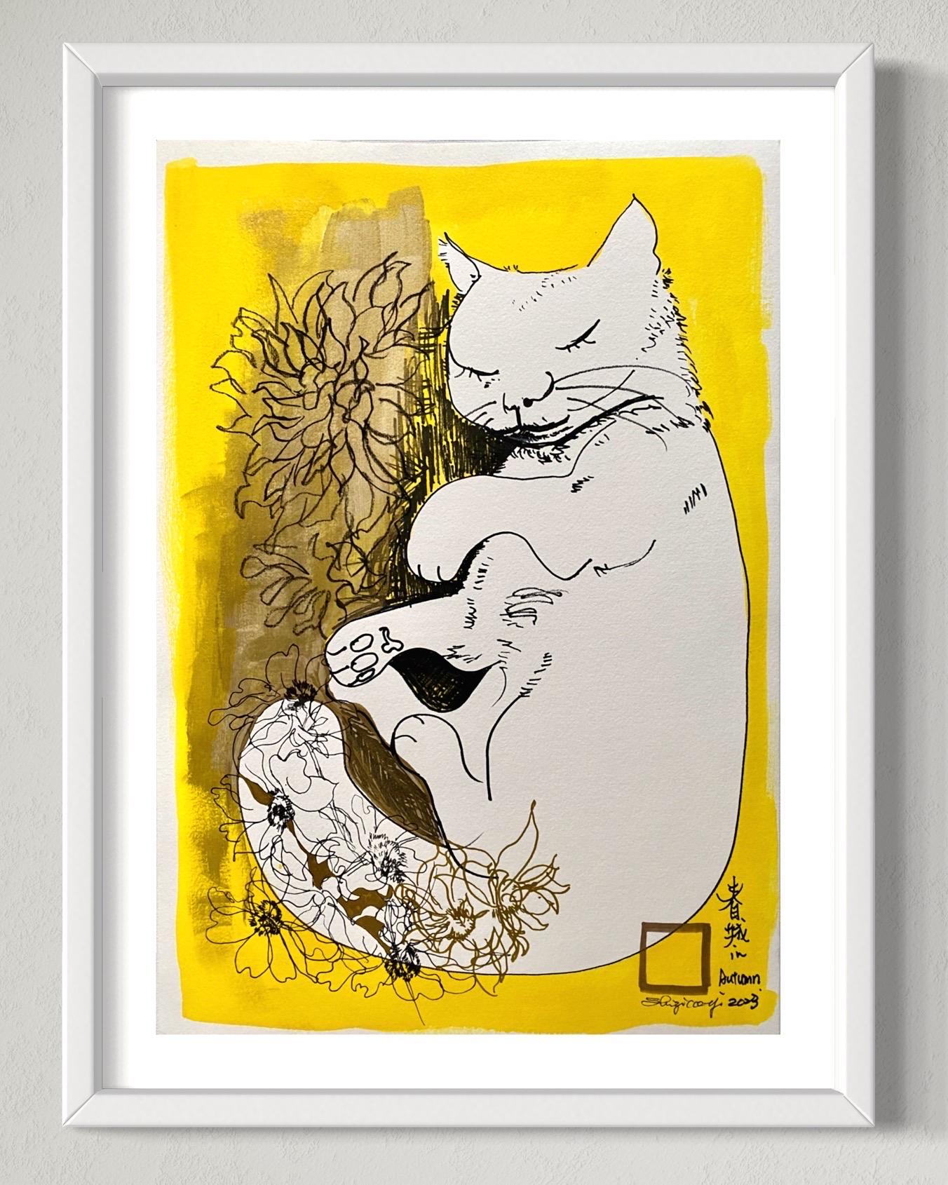 Original-Sunlit-Prayers Series-Cat with Dahlias II -landscape-UK Awarded Artist 9