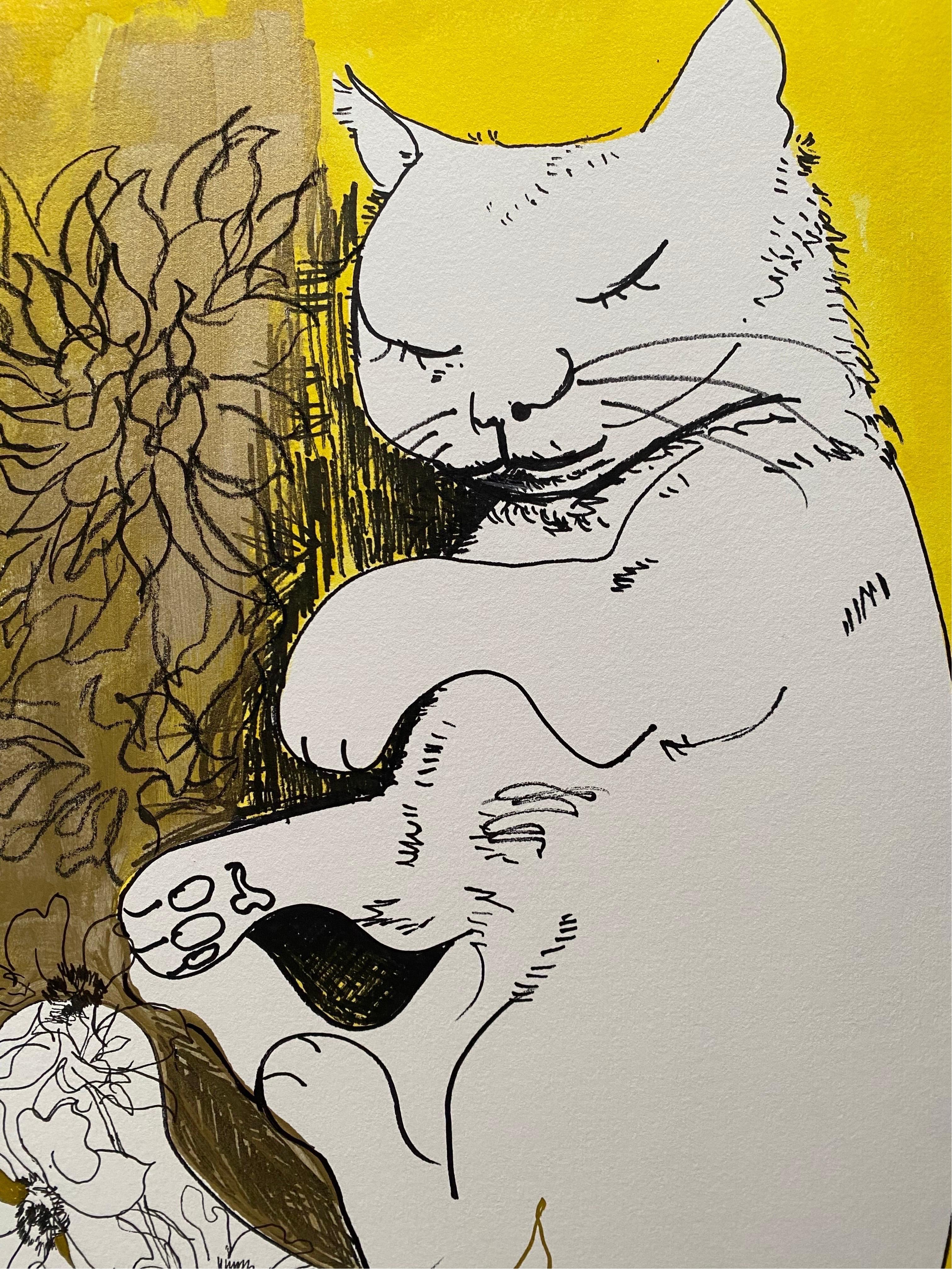 Original-Sunlit-Prayers Series-Cat with Dahlias II -landscape-UK Awarded Artist 11