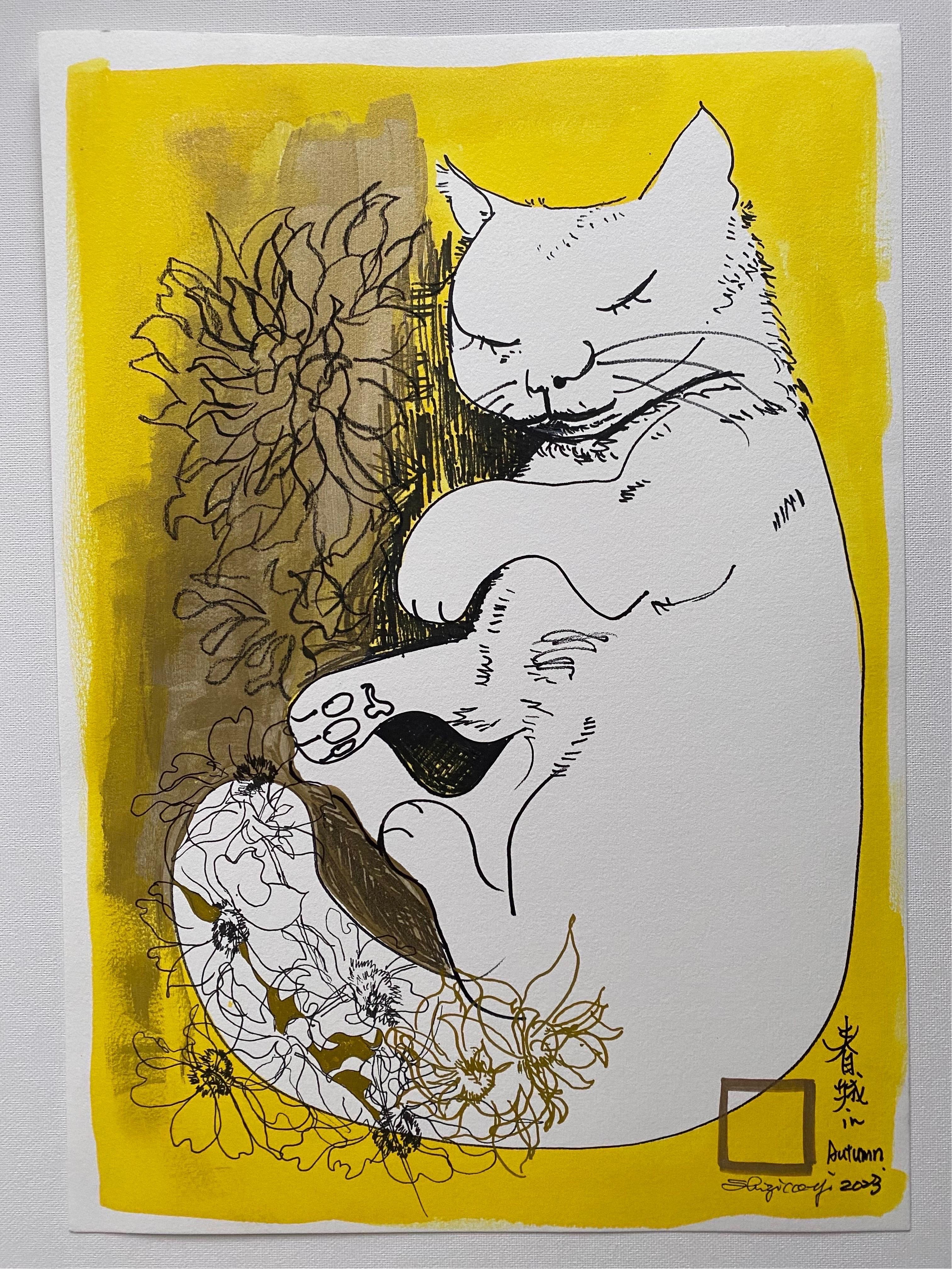 Original-Sunlit-Prayers Series-Cat with Dahlias II -landscape-UK Awarded Artist 12