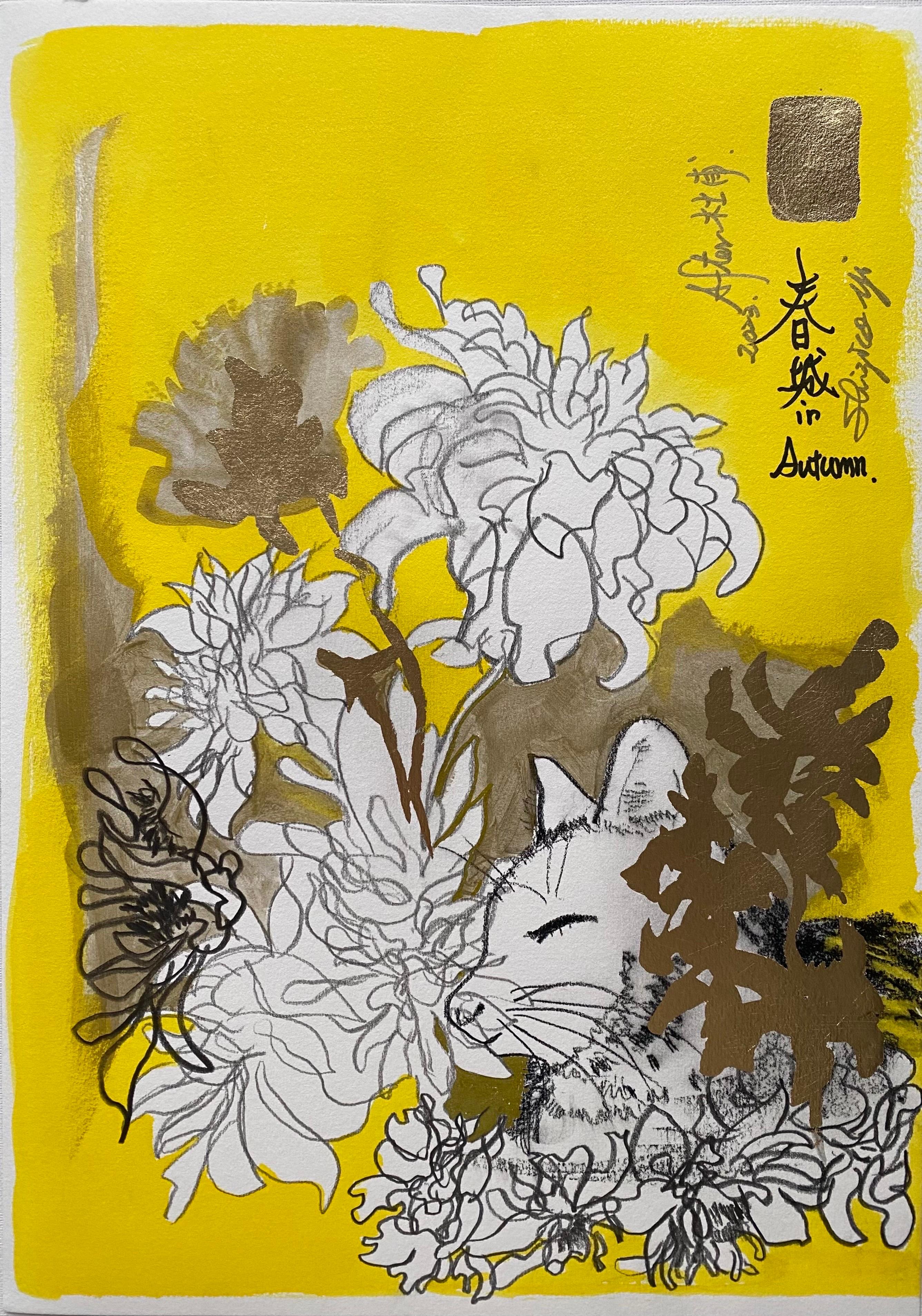 Shizico Yi Animal Art - Original-Sunlit-Prayers Series-Cat with Dahlias IV -landscape-UK Awarded Artist