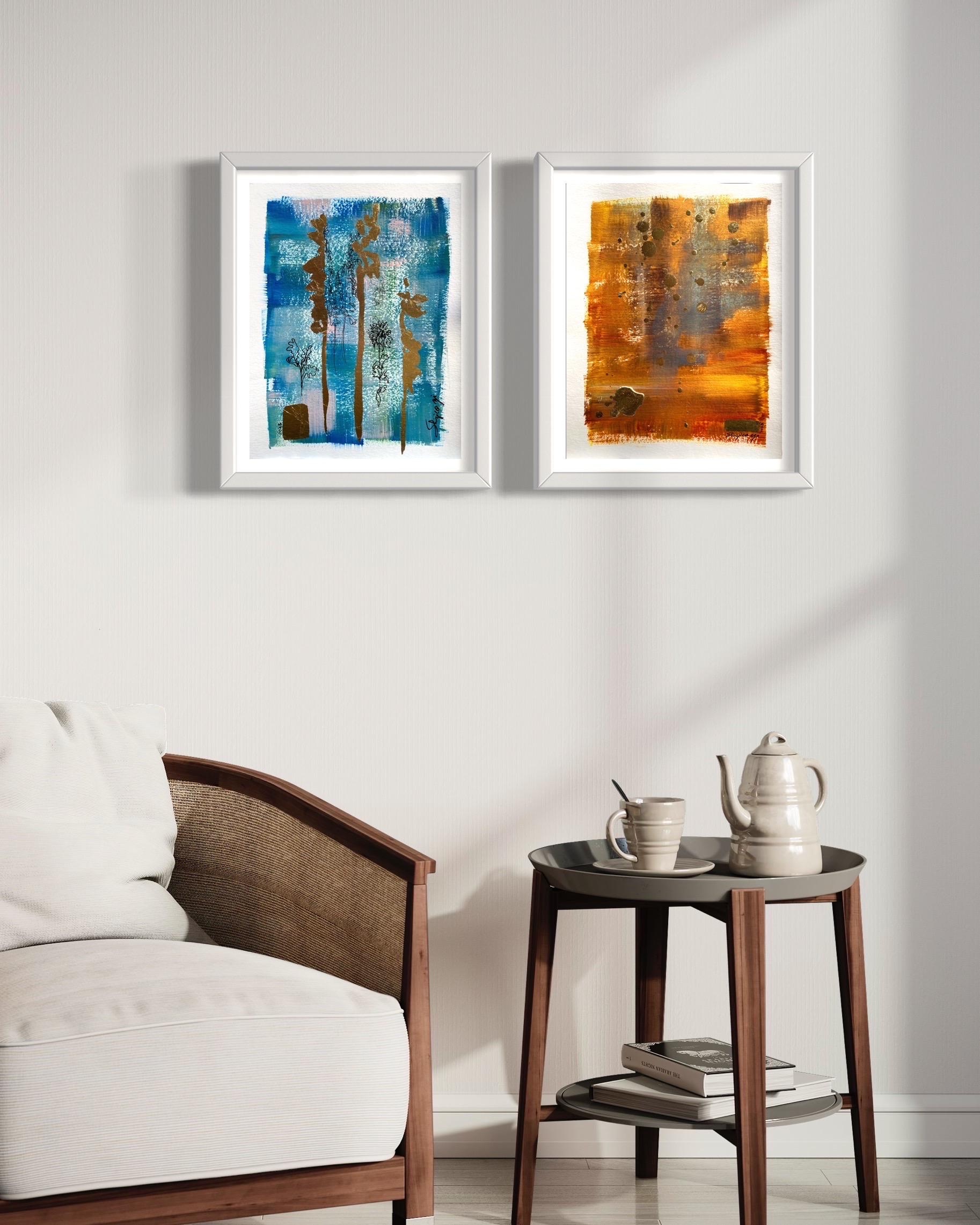 Special Set Offer! This is a set of work on paper includes: Three Wisemen ( blue), Across the Universe (orange) -Original on papers
Medium: Gesso, Acrylic , ink, gold leaf on fine art water colour paper.
32.5 x 25 CM /Each 
*Varnished, ready to be