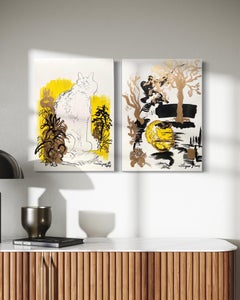Original Set-Breakfast with Cat Series-British Award Artist-Gold, ink on papers
